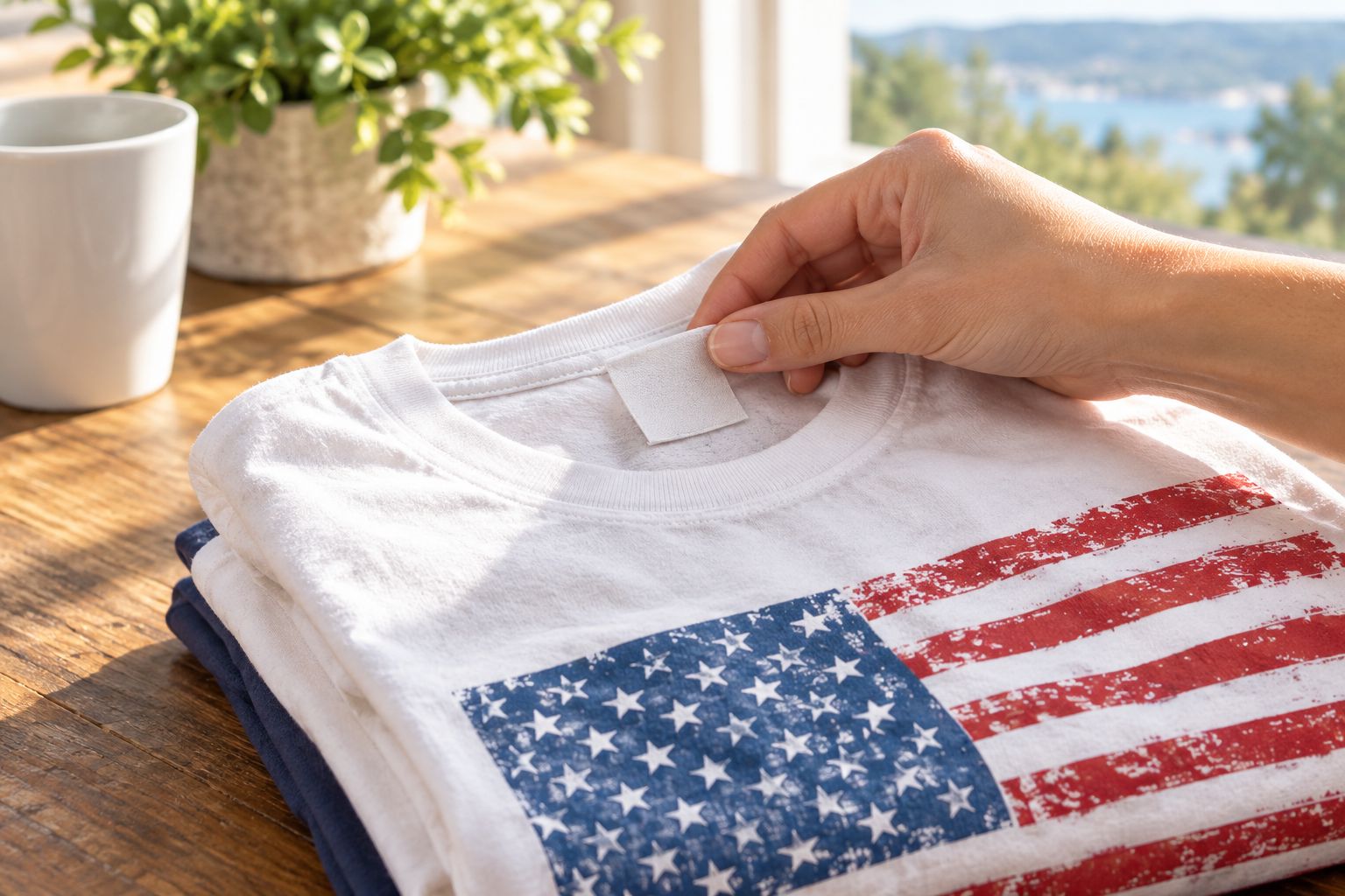 Hand checking the neck label of a folded t-shirt