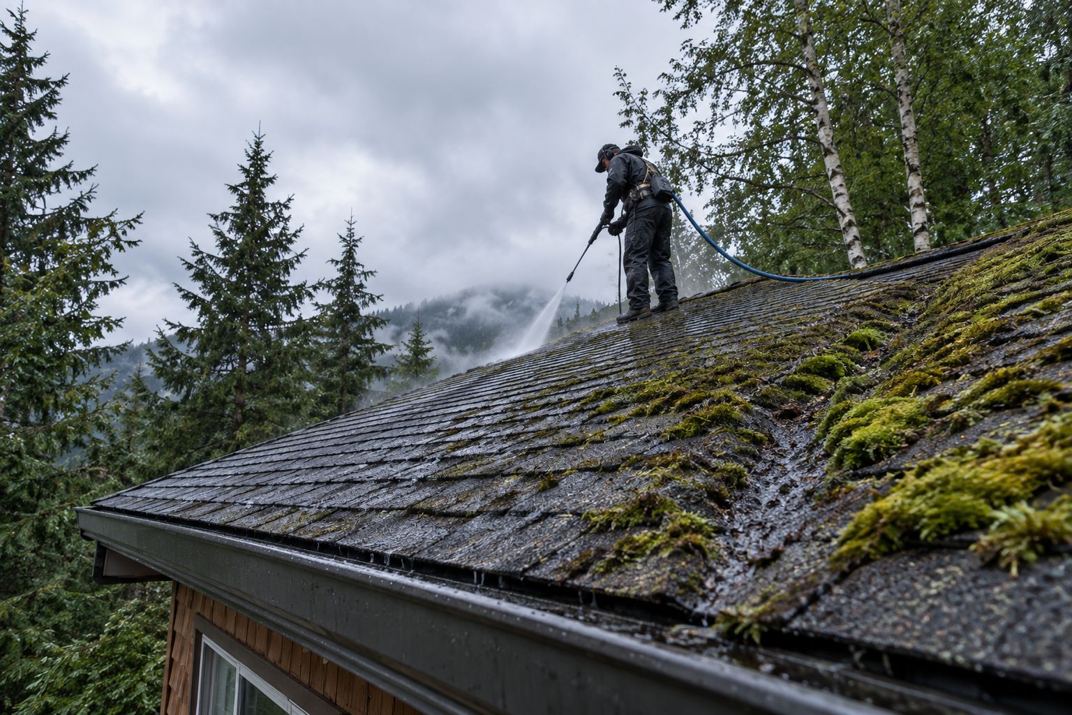 Asphalt shingle roof with moss growing under spruce and birch tree cover