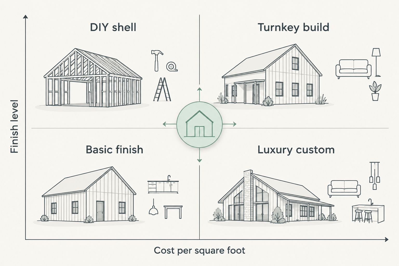 Matrix comparing barndominium build tiers by finish level and cost