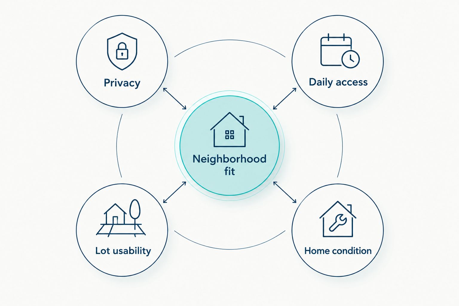 Neighborhood fit connected to privacy, daily access, lot usability, and home condition