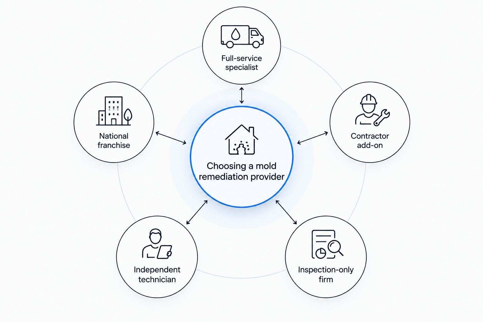 Hub and spoke diagram of five mold remediation provider types