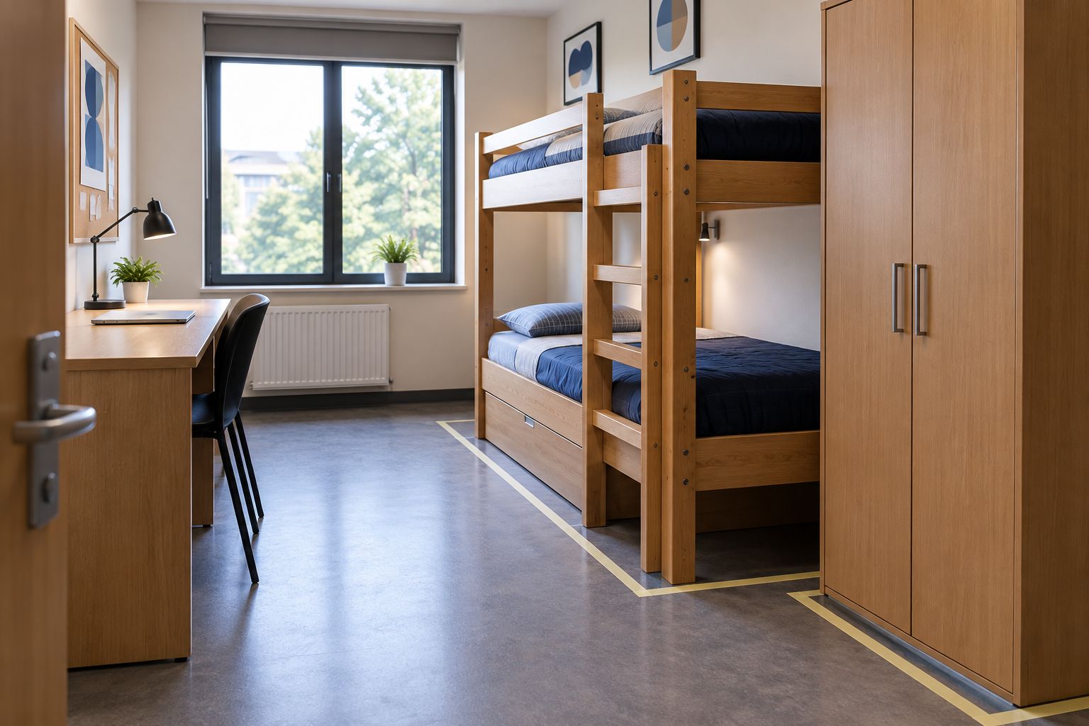 Shared bedroom layout with a clear route beside a wooden bunk bed and its ladder