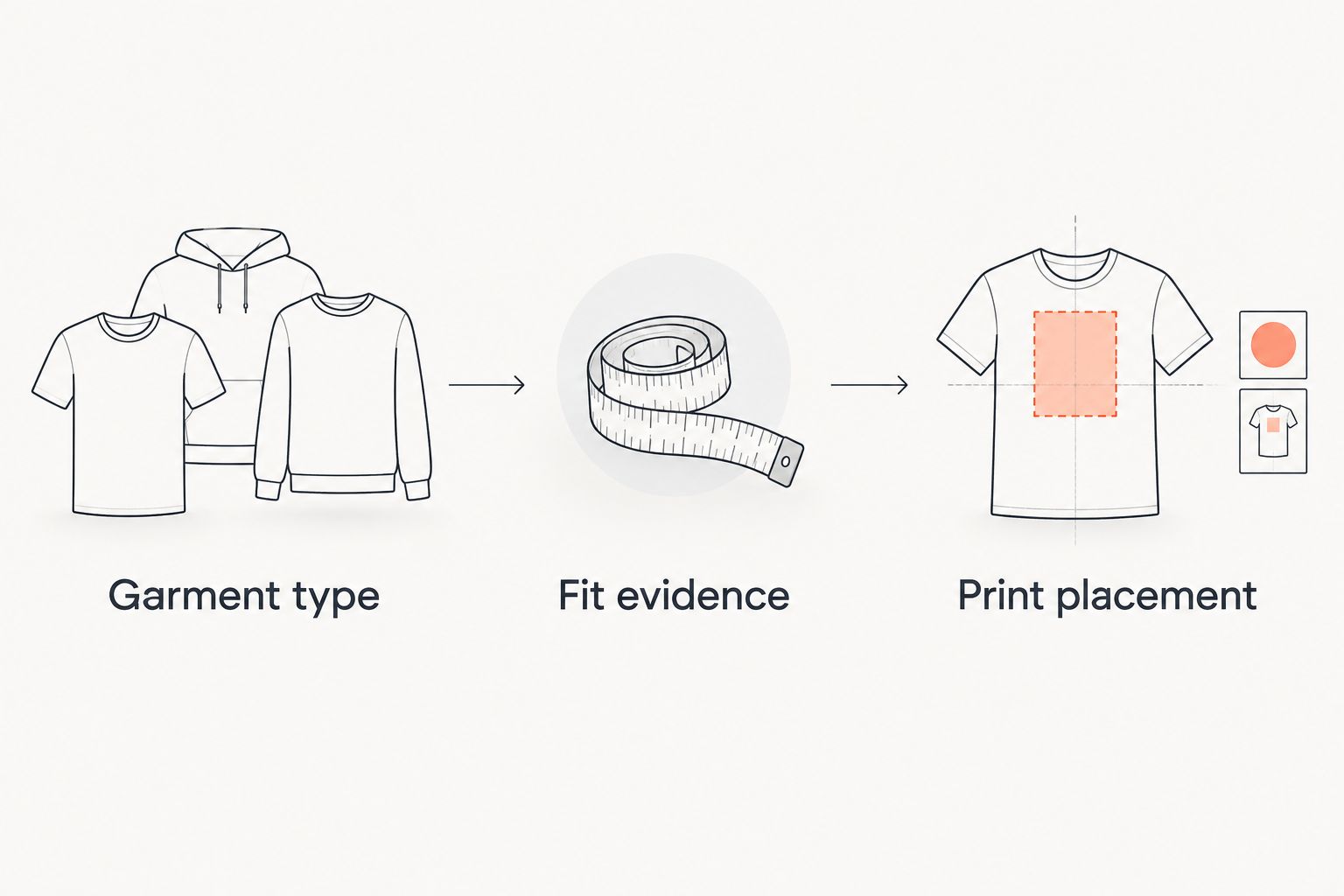 Three hoodie checks: garment type, fit evidence, and print placement