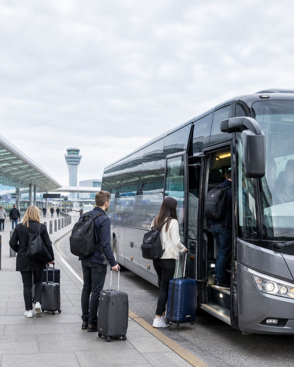 Intercity transfer coach boarding passengers at an airport transfer terminal kerb