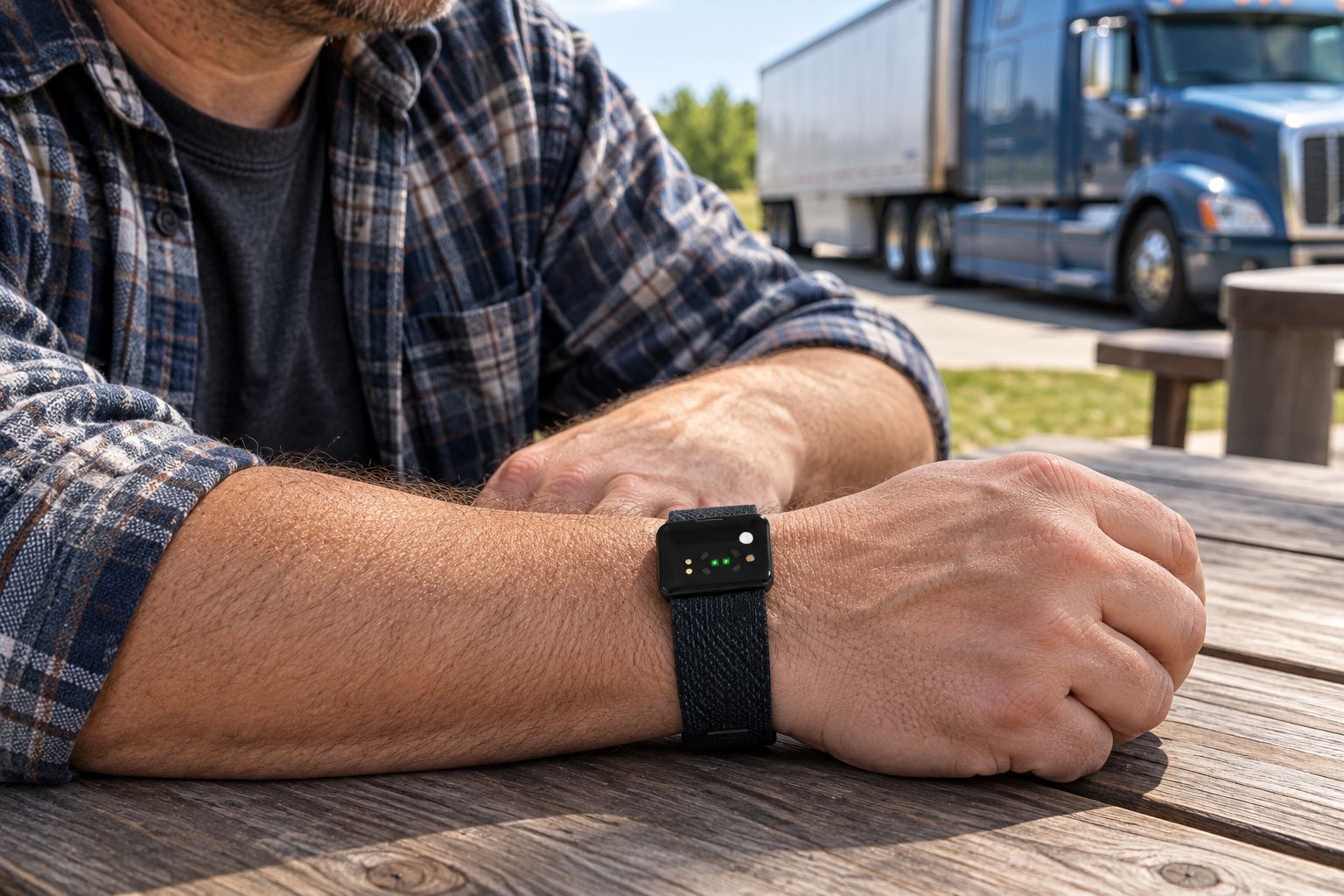 A driver wearing a screenless band while resting beside a parked truck