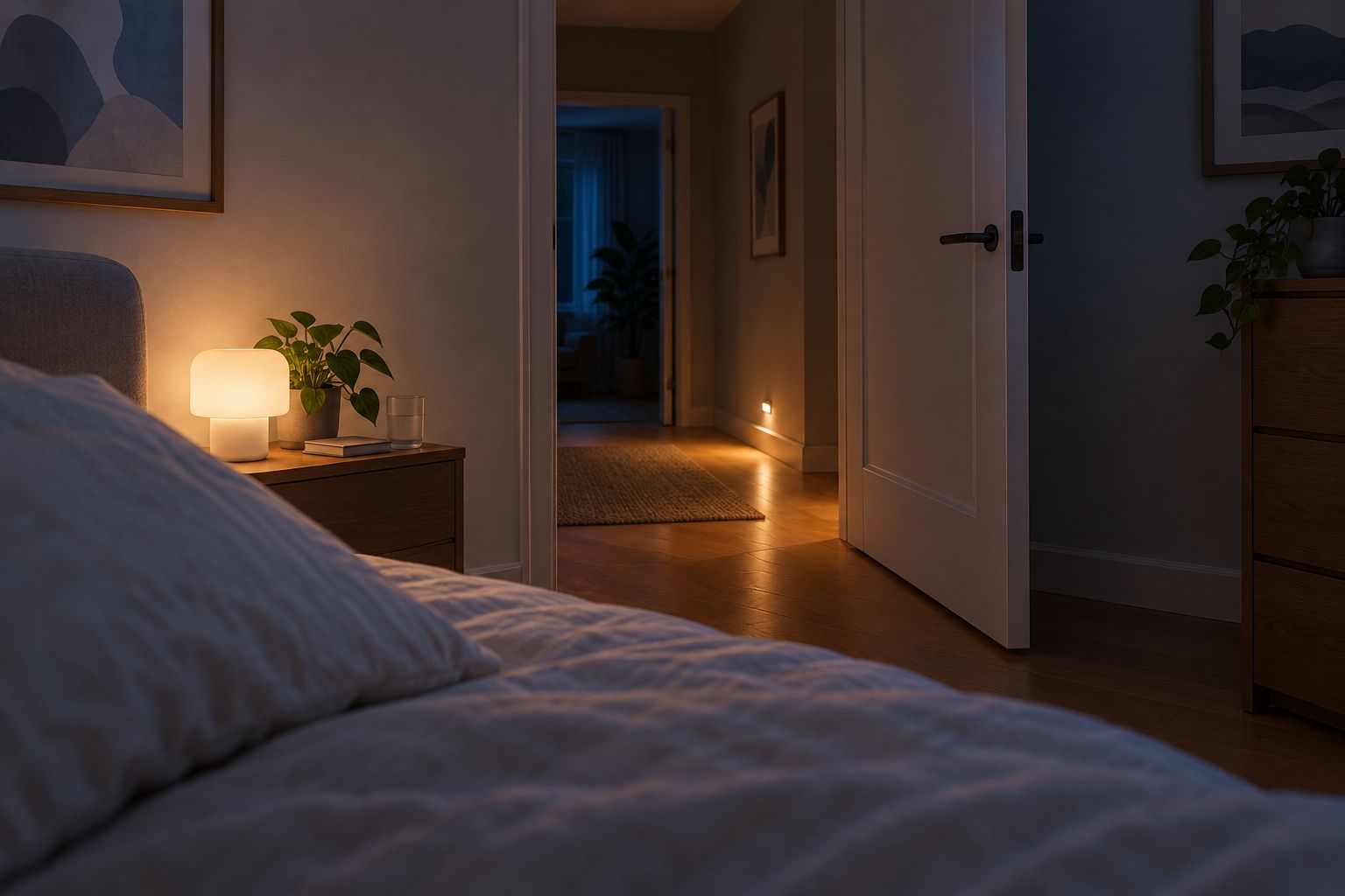 vista desde la cama hacia un pasillo despejado con iluminación indirecta para orientarse