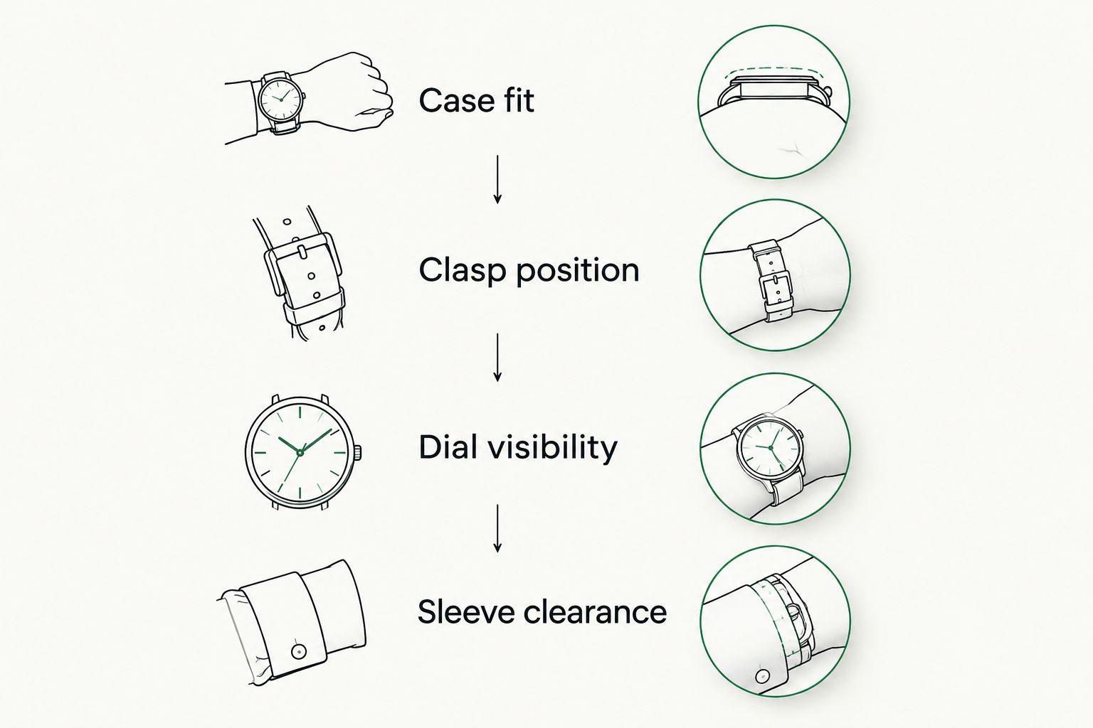 Four wrist-trial checks covering case fit, clasp position, dial visibility and sleeve clearance