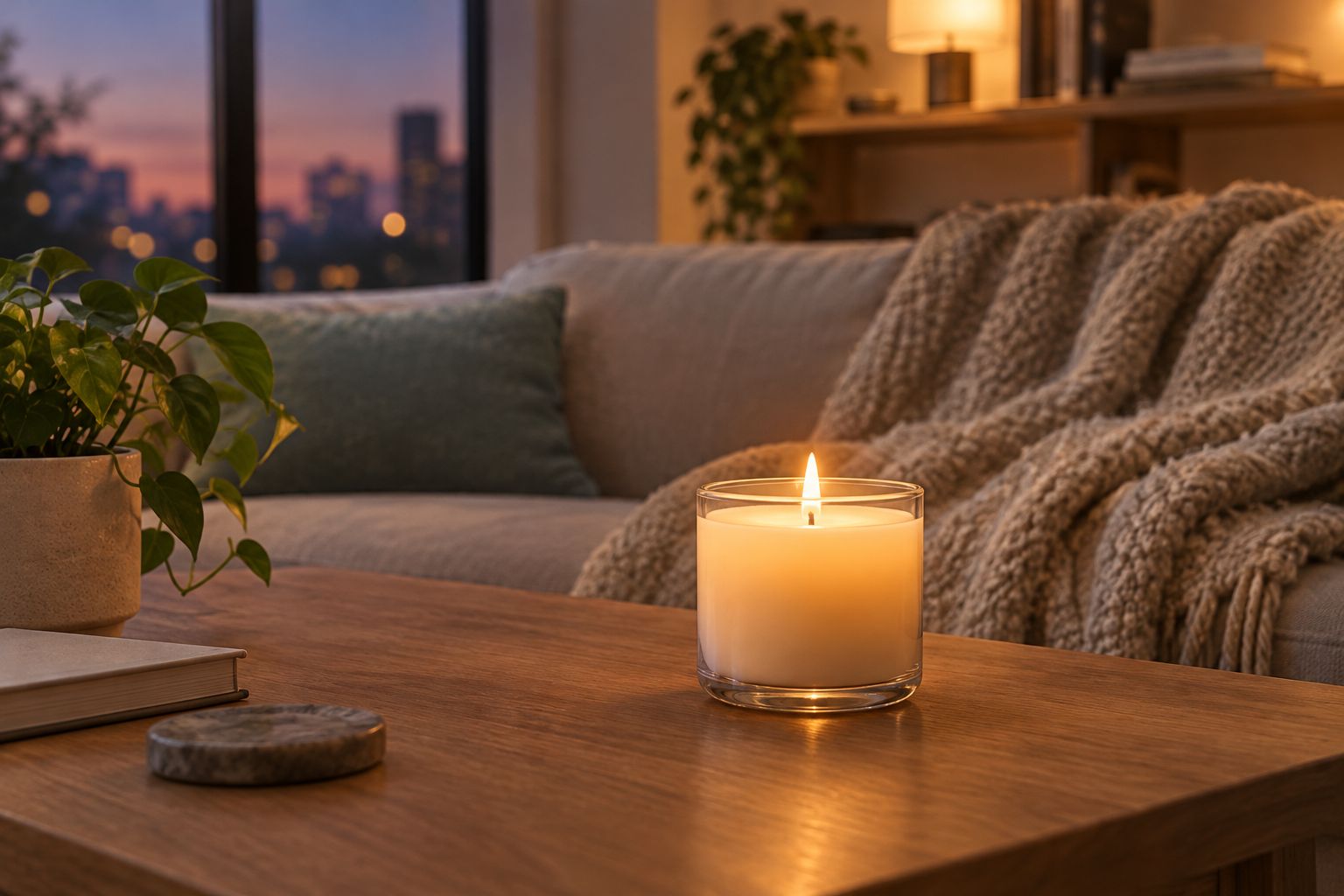 Lumânare aprinsă pe o măsuță, într-un living în lumină caldă