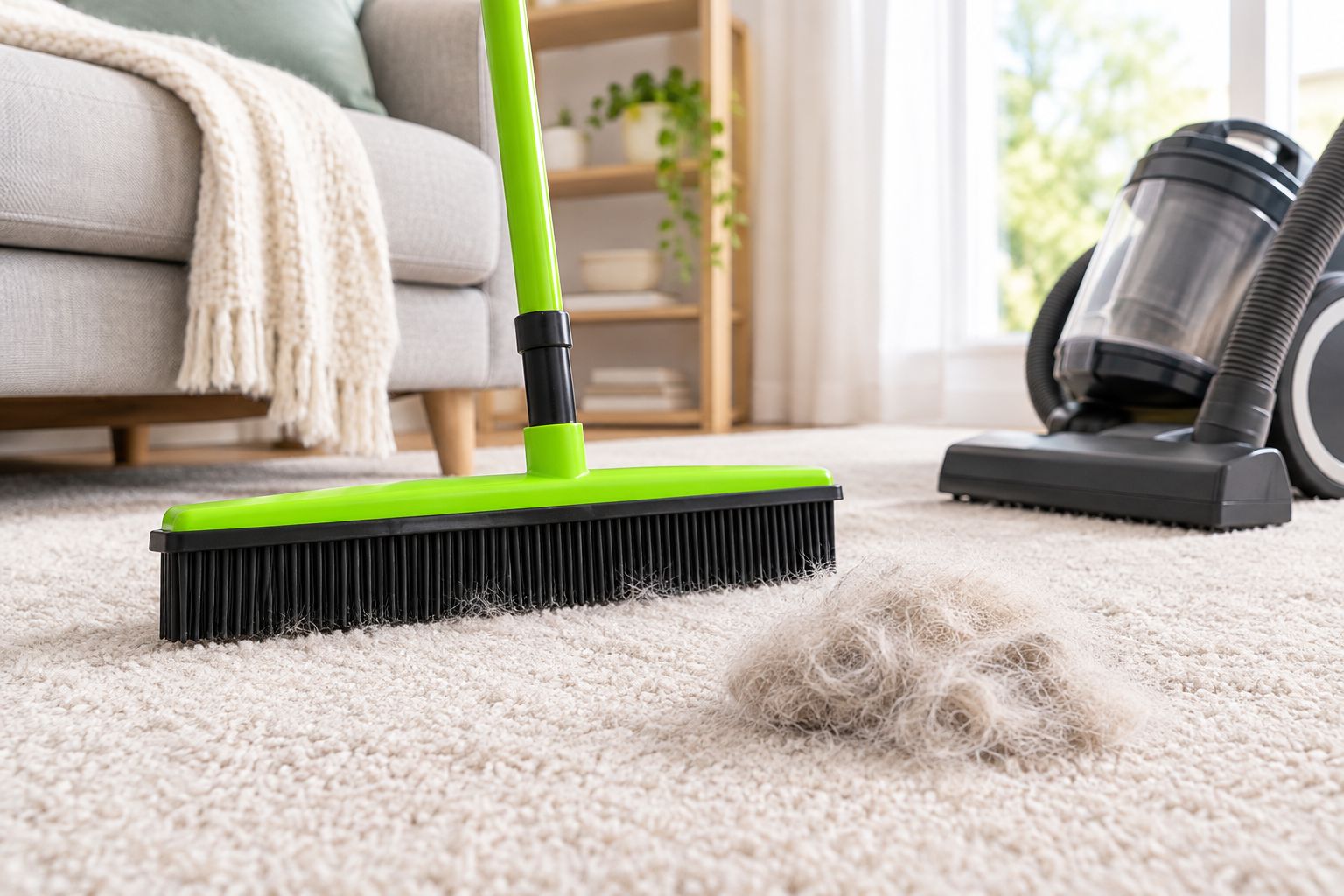 A household broom, collected pet fur, and a vacuum beside a carpeted area.