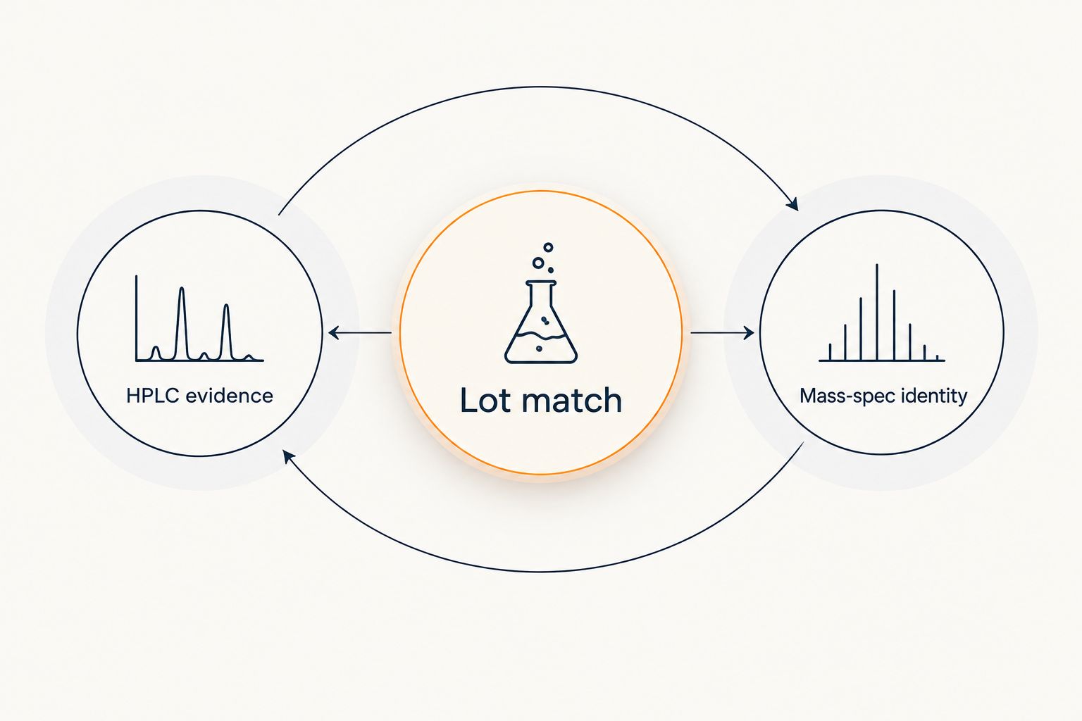 Lot matching connects the vial documentation to HPLC evidence and mass-spec identity.