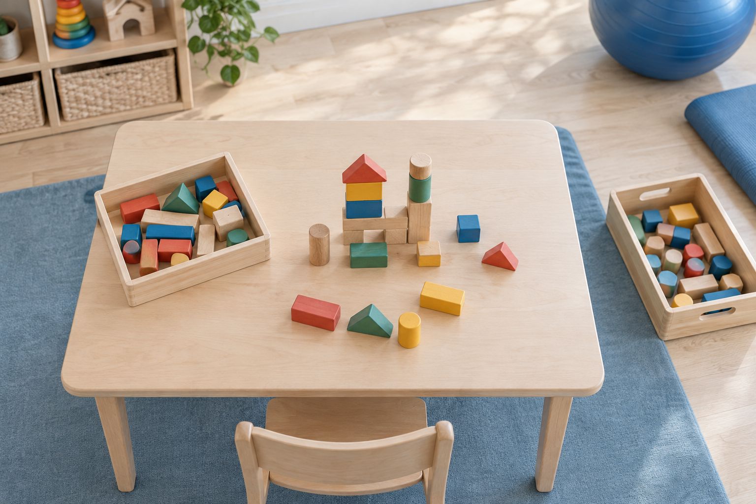 Wooden blocks and a container on a clear play table, with spare pieces stored separately