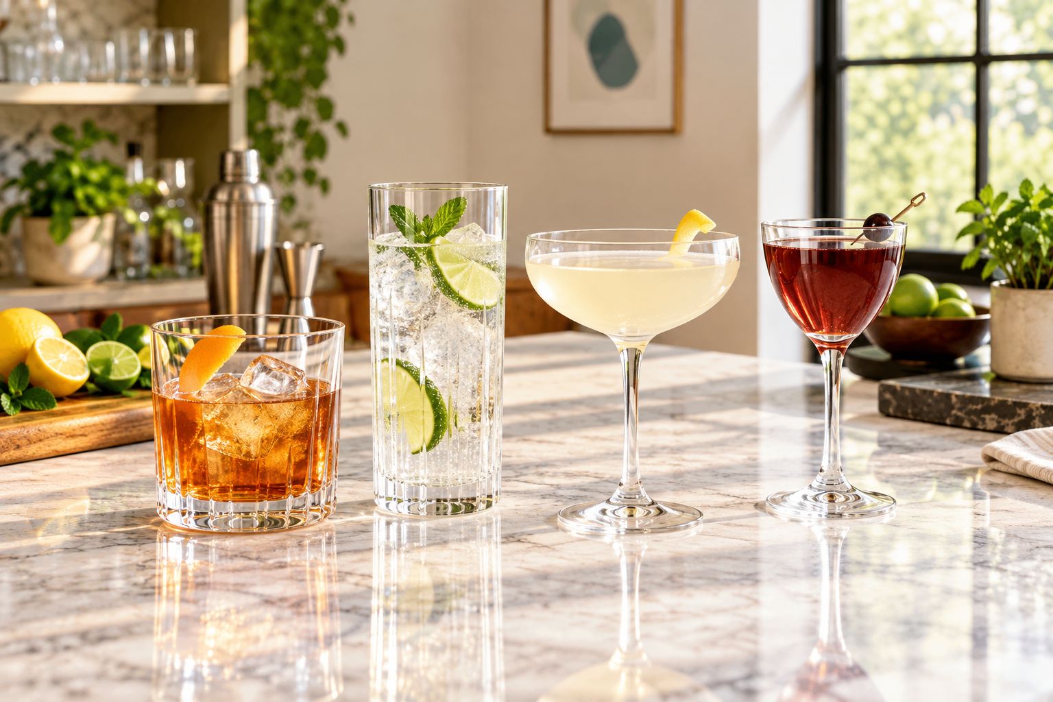 Rocks, highball, coupe, and Nick and Nora glasses showing different serving shapes