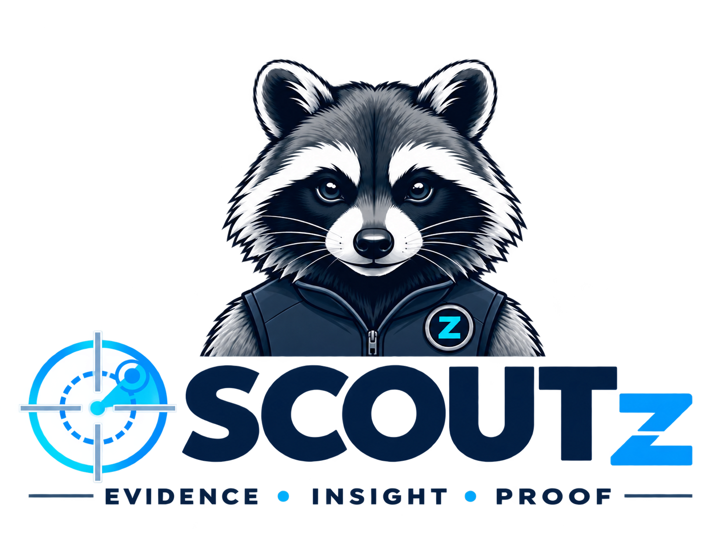 Official SCOUTz raccoon logo with Evidence · Insight · Proof