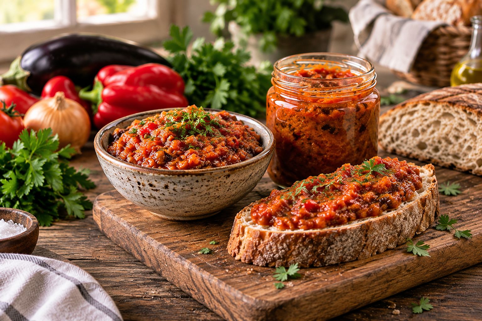 Borcane de zacuscă și salată servite pe pâine proaspătă, la temperatura camerei