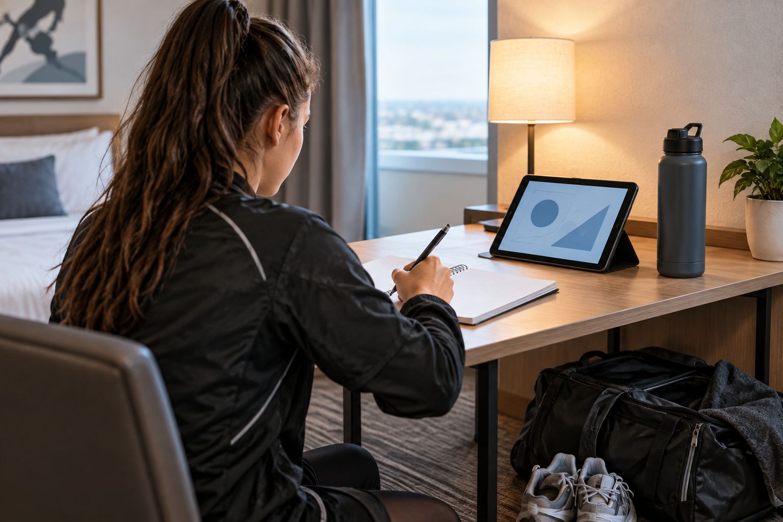 Student athlete studying at a hotel desk with kit bag nearby