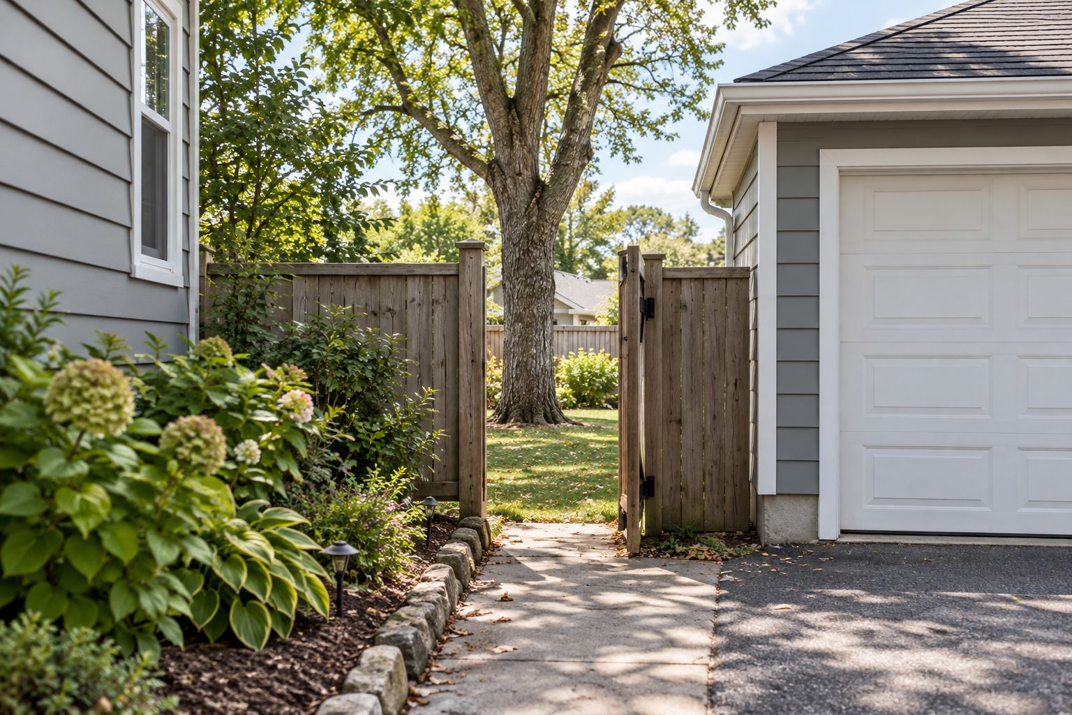 Narrow backyard gate with landscaping and a nearby garage limiting access to a tree
