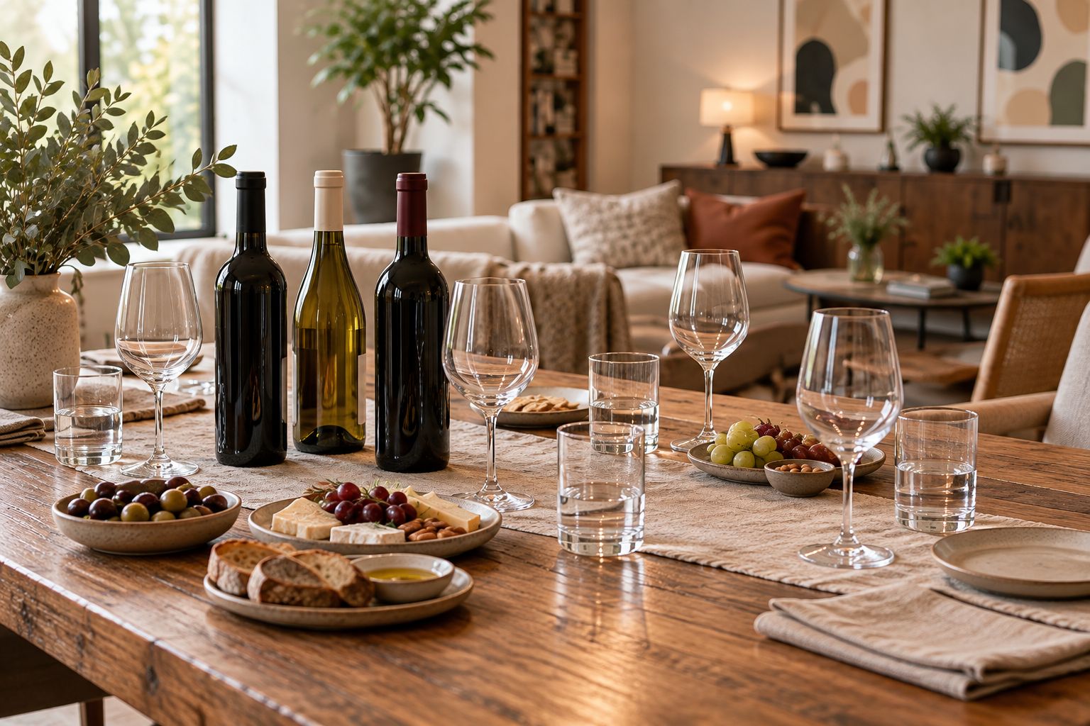Wine tasting table with bottles, glasses, water, and food