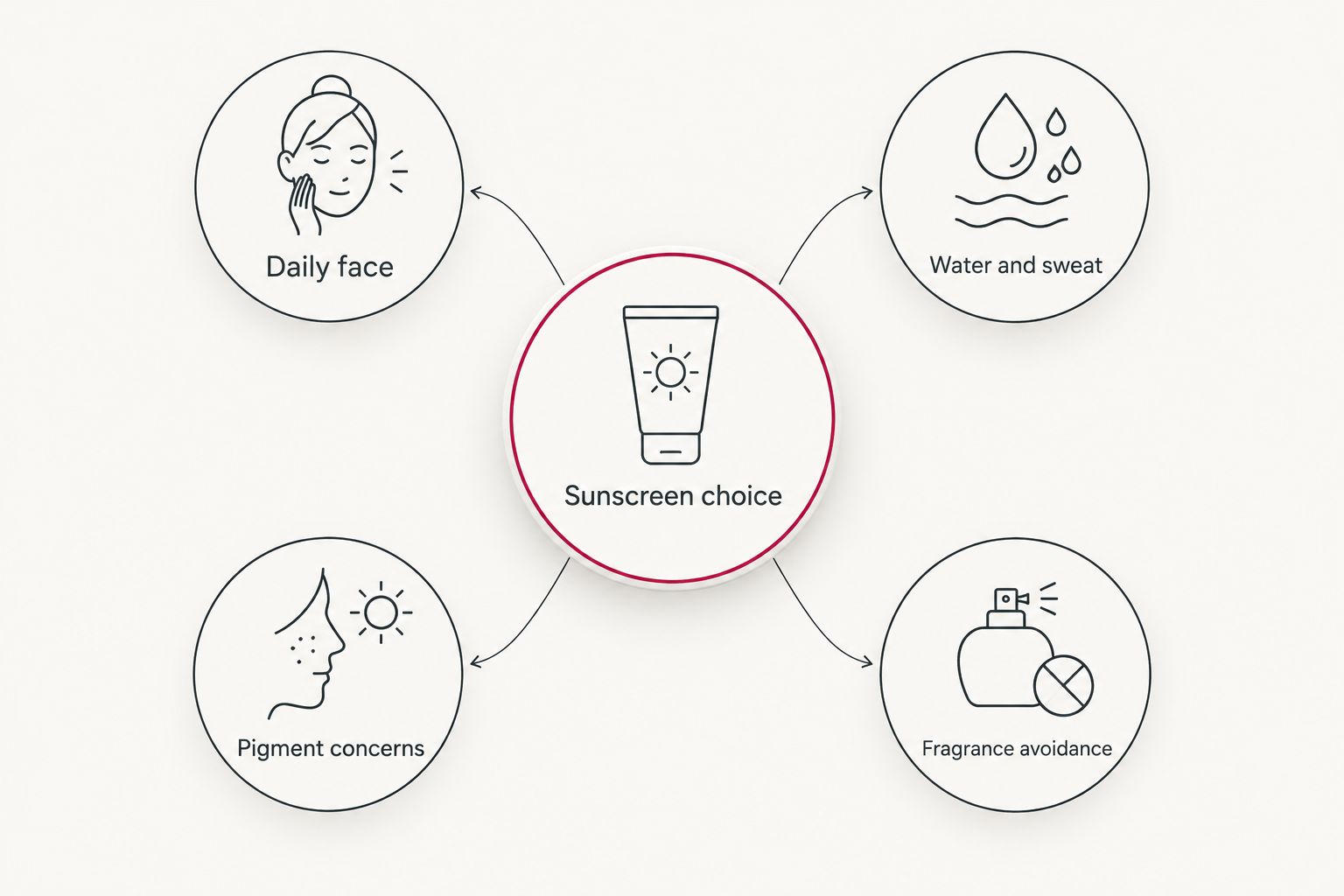 Four sunscreen selection priorities: daily face, water and sweat, pigment concerns, and fragrance avoidance.