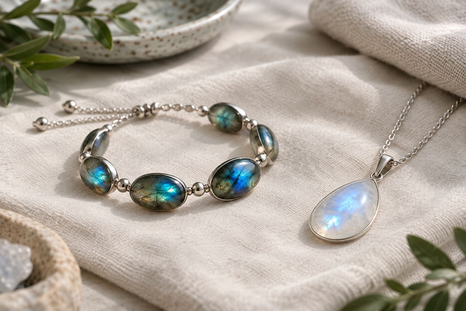 Gemstone bracelet and pendant resting on a soft cloth before hands-on work