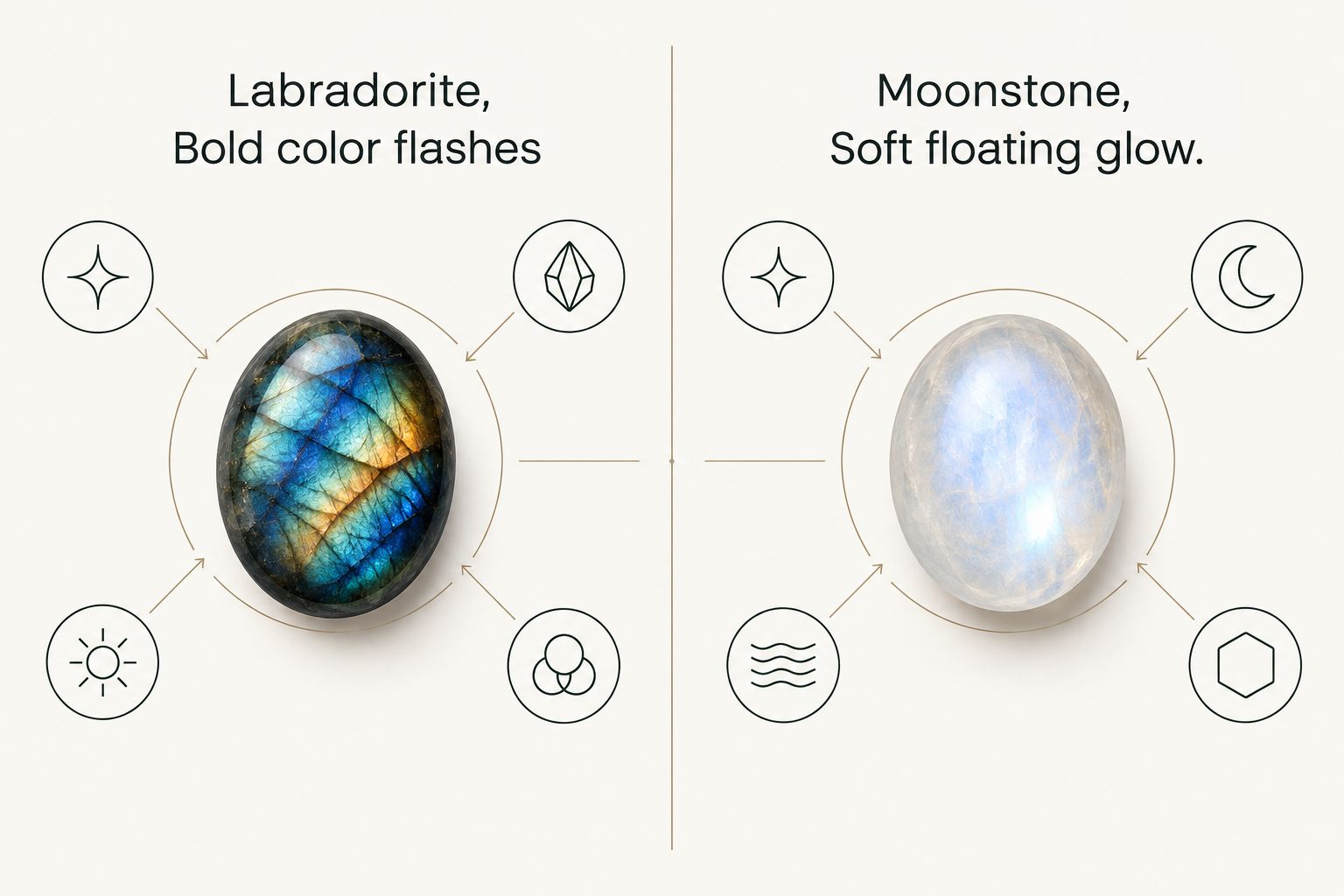 Side-by-side comparison of labradorite’s color flashes and moonstone’s softer glow