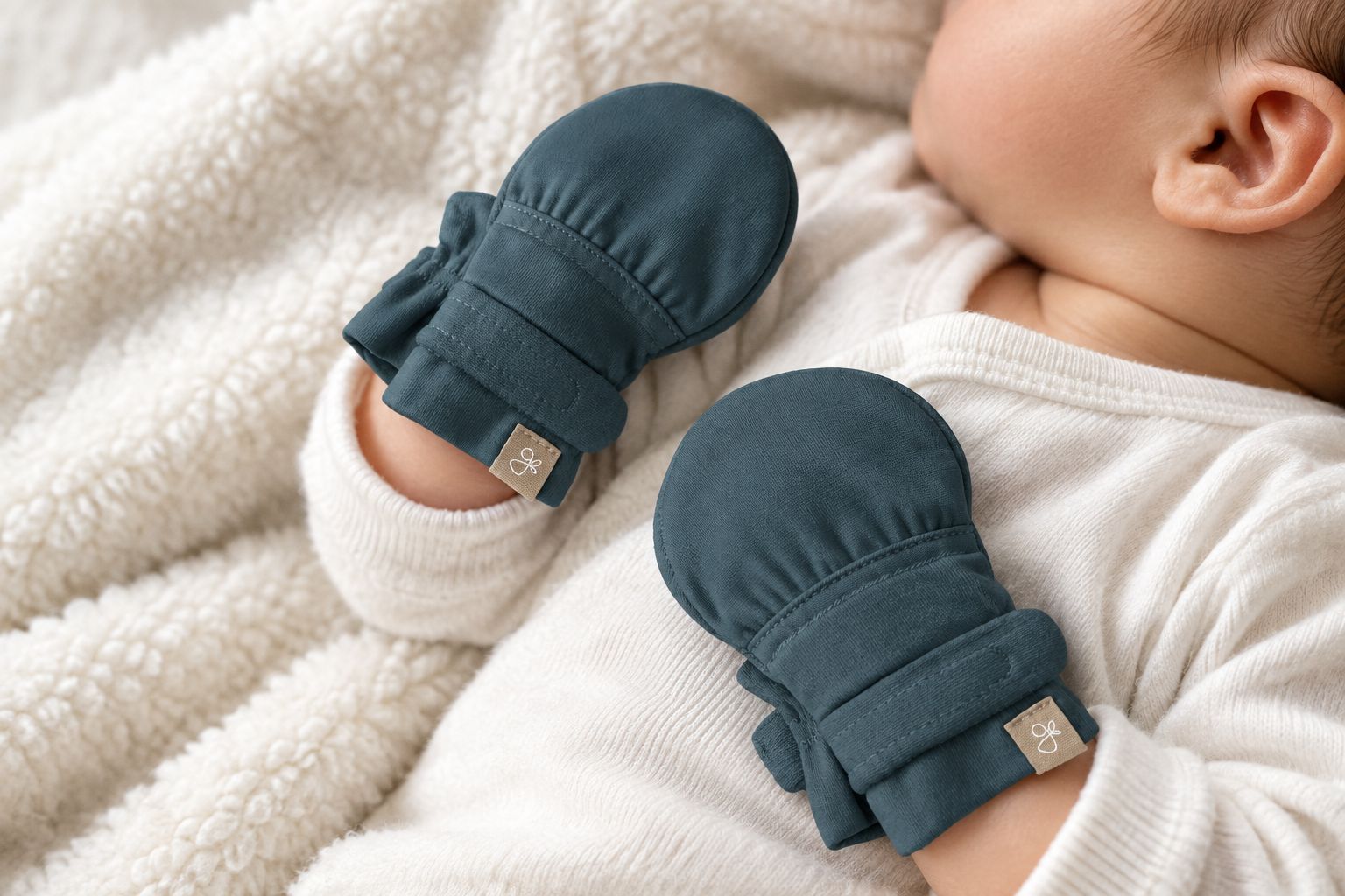 Newborn wearing stay-on baby mitts