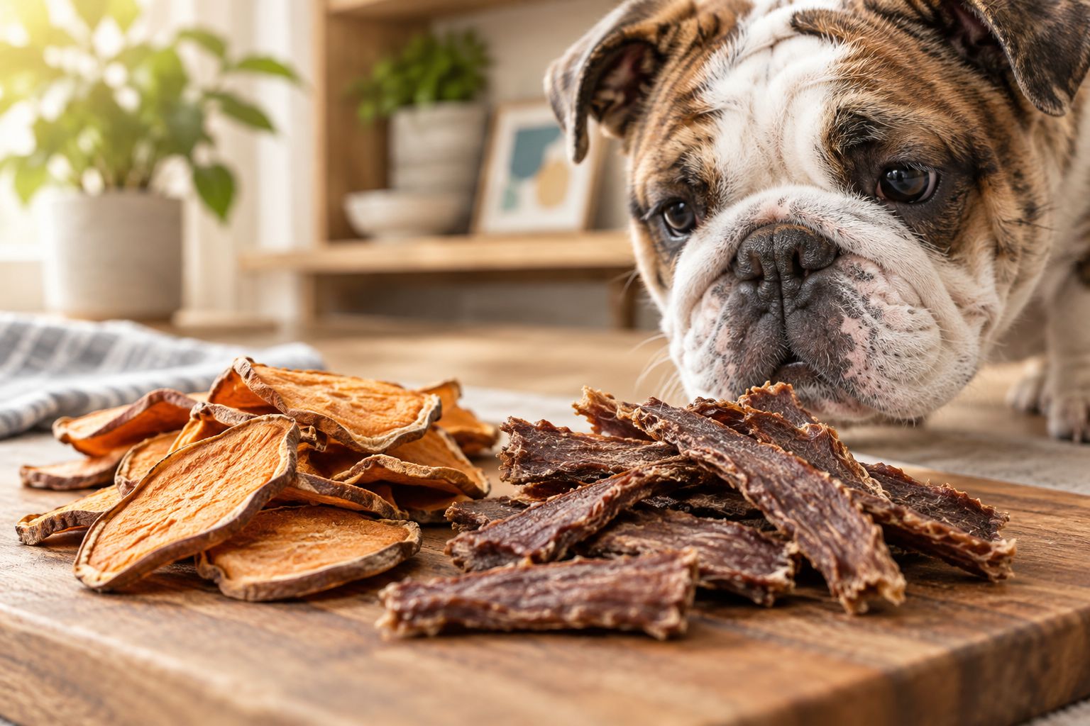 Homemade dehydrated sweet potato and meat treats on a cutting board with a bulldog puppy sniffing