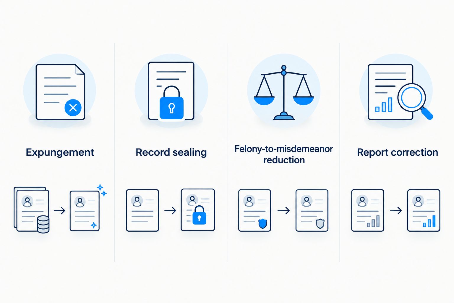 Four distinct categories: expungement, record sealing, felony-to-misdemeanor reduction, and report correction.