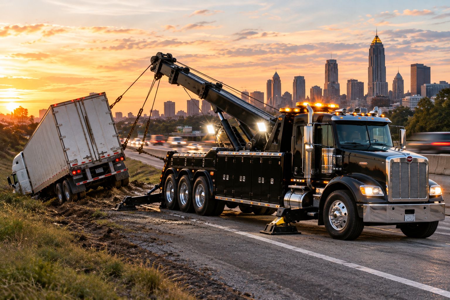 Heavy-duty rotator tow truck recovering a semi-truck trailer on a highway shoulder