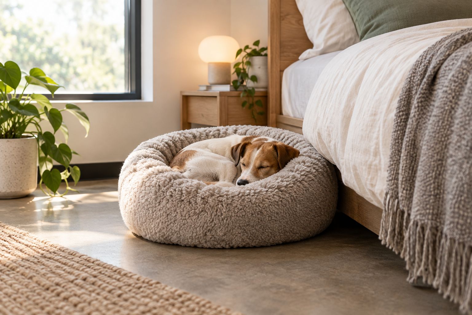 Small dog resting in a round nest bed beside a bedroom bed