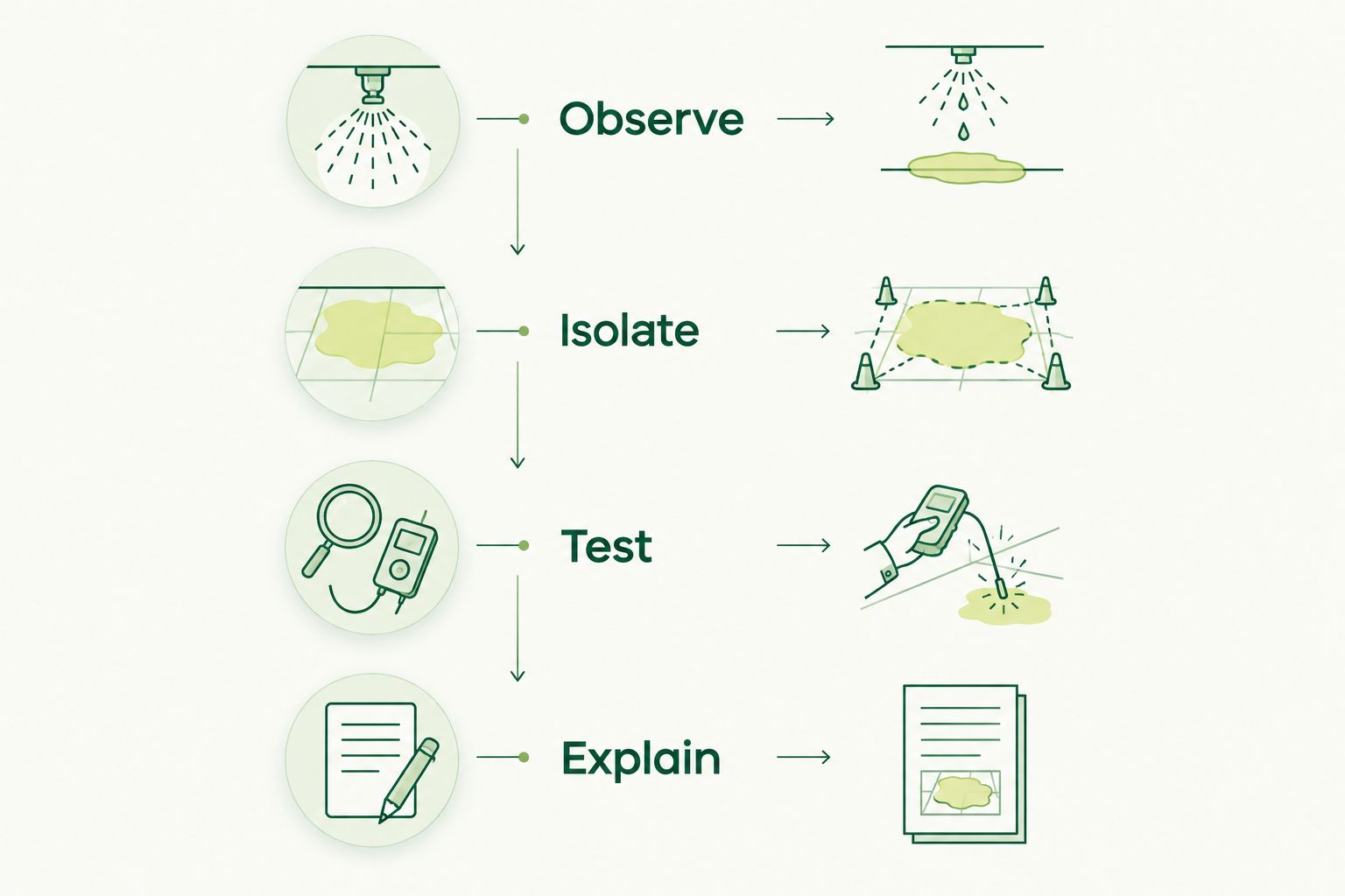 Four diagnostic stages: observe the symptom, isolate the zone, test the cause and explain the repair