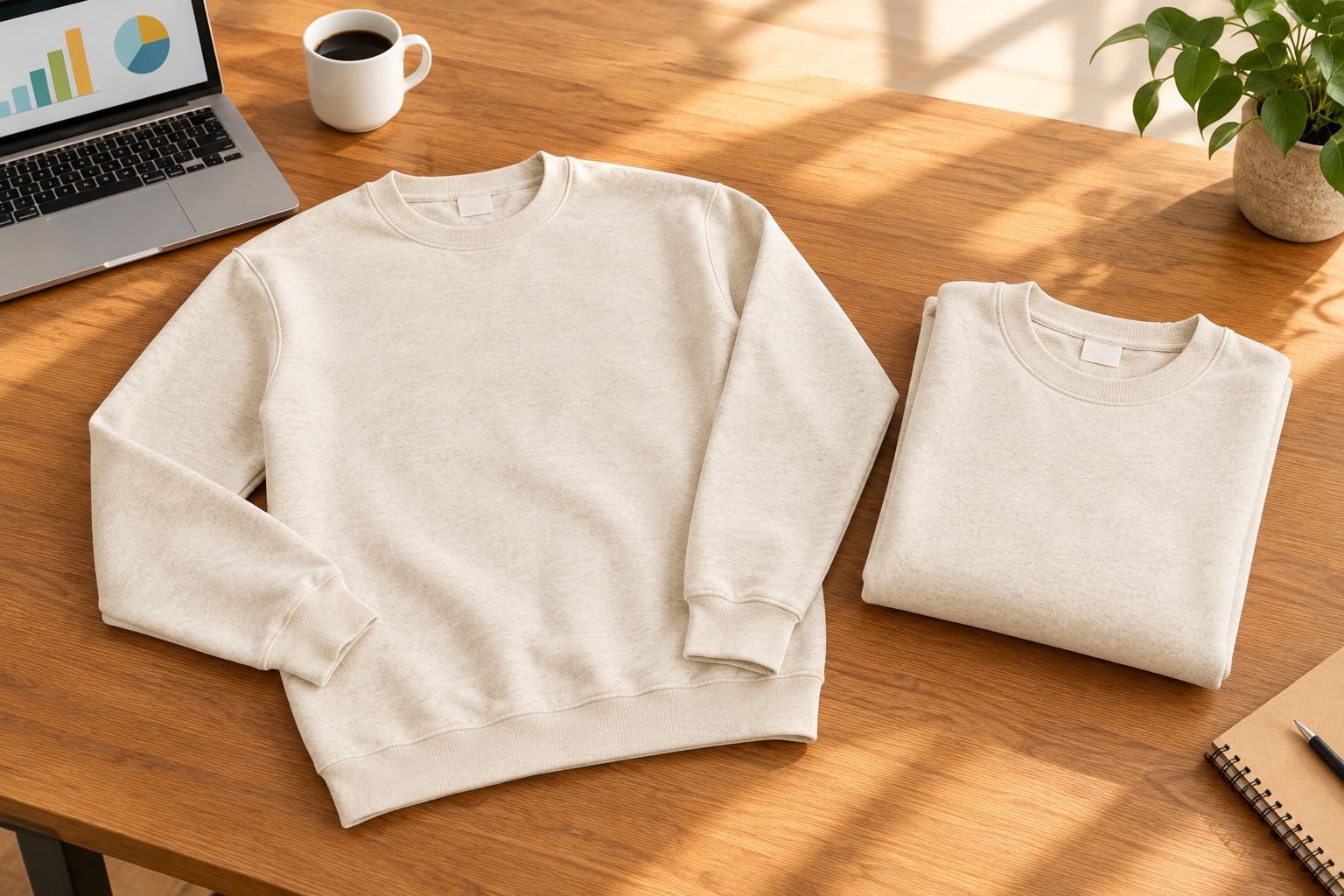 Plain crewneck sweatshirts showing the neckline, sleeves and body shape