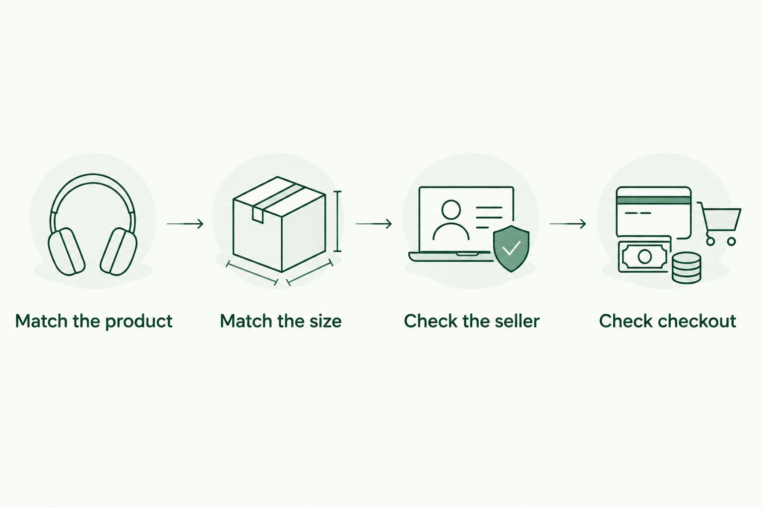 Shopping checks from matching the exact product and size to reviewing the seller and checkout