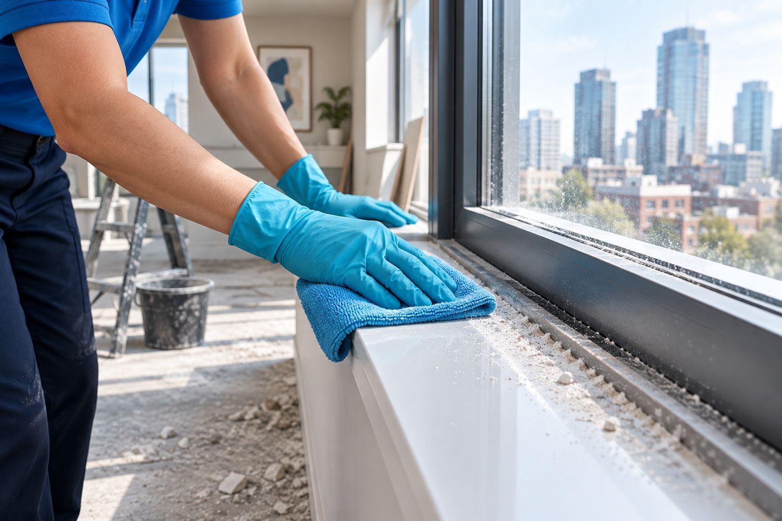 Wiping construction dust from a window sill after renovation