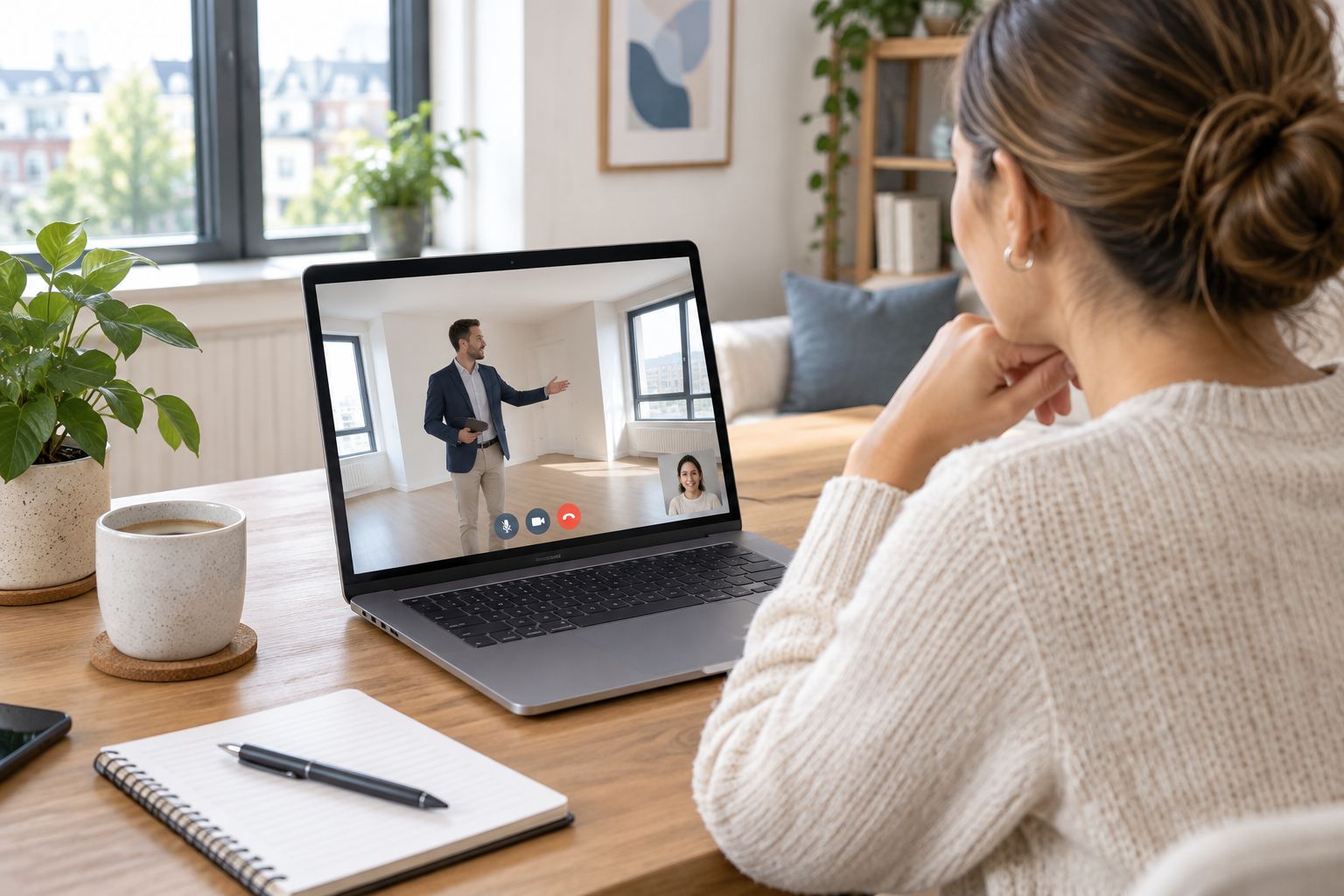 Person on a laptop doing a remote video viewing of a rental apartment