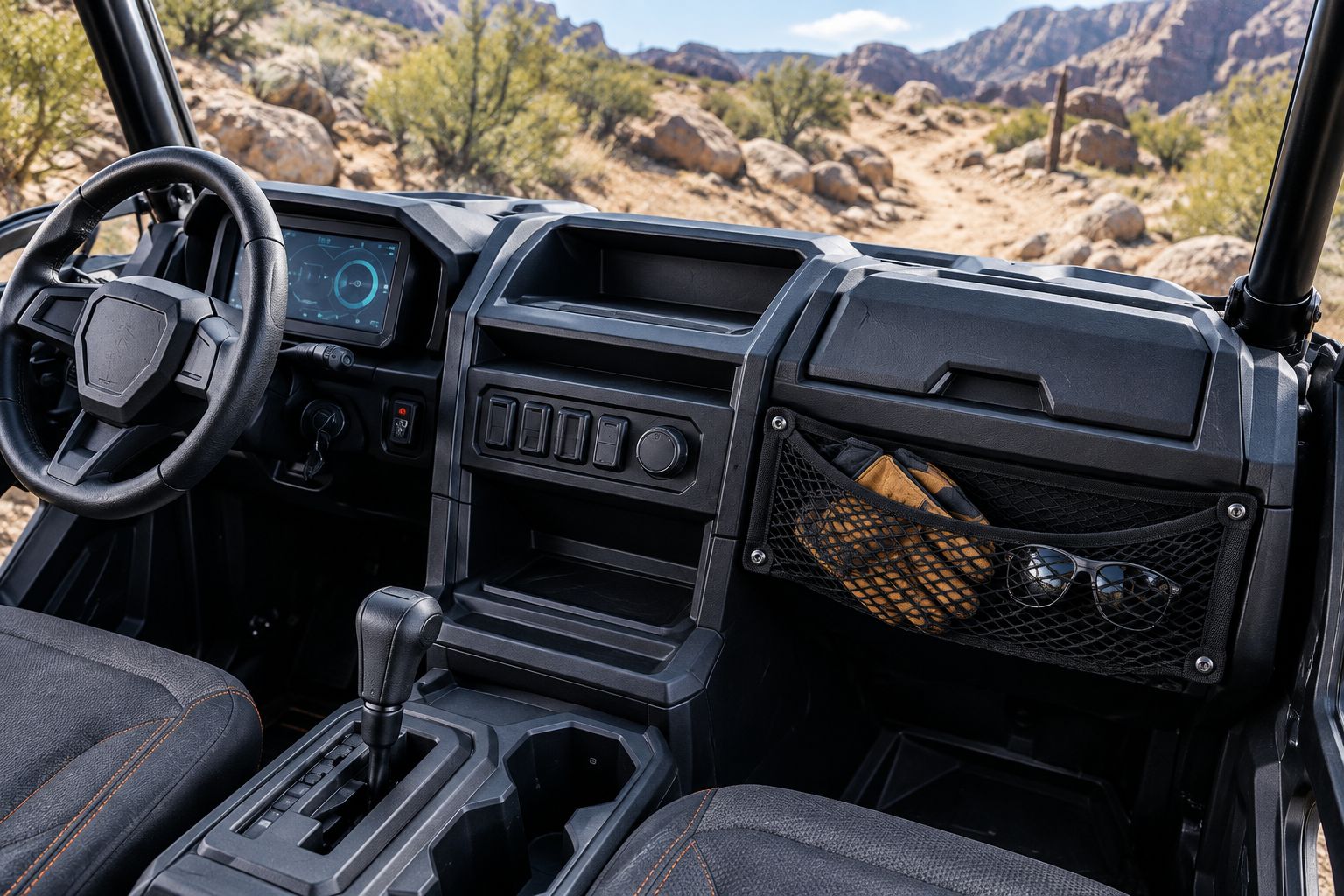 Mesh storage net under a UTV dash holding gloves and sunglasses