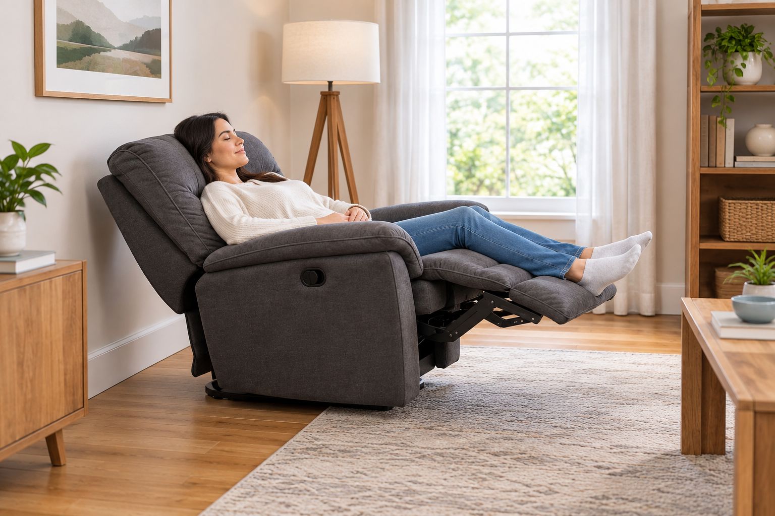 Wall hugger recliner fully reclined with the seat slid forward from the wall