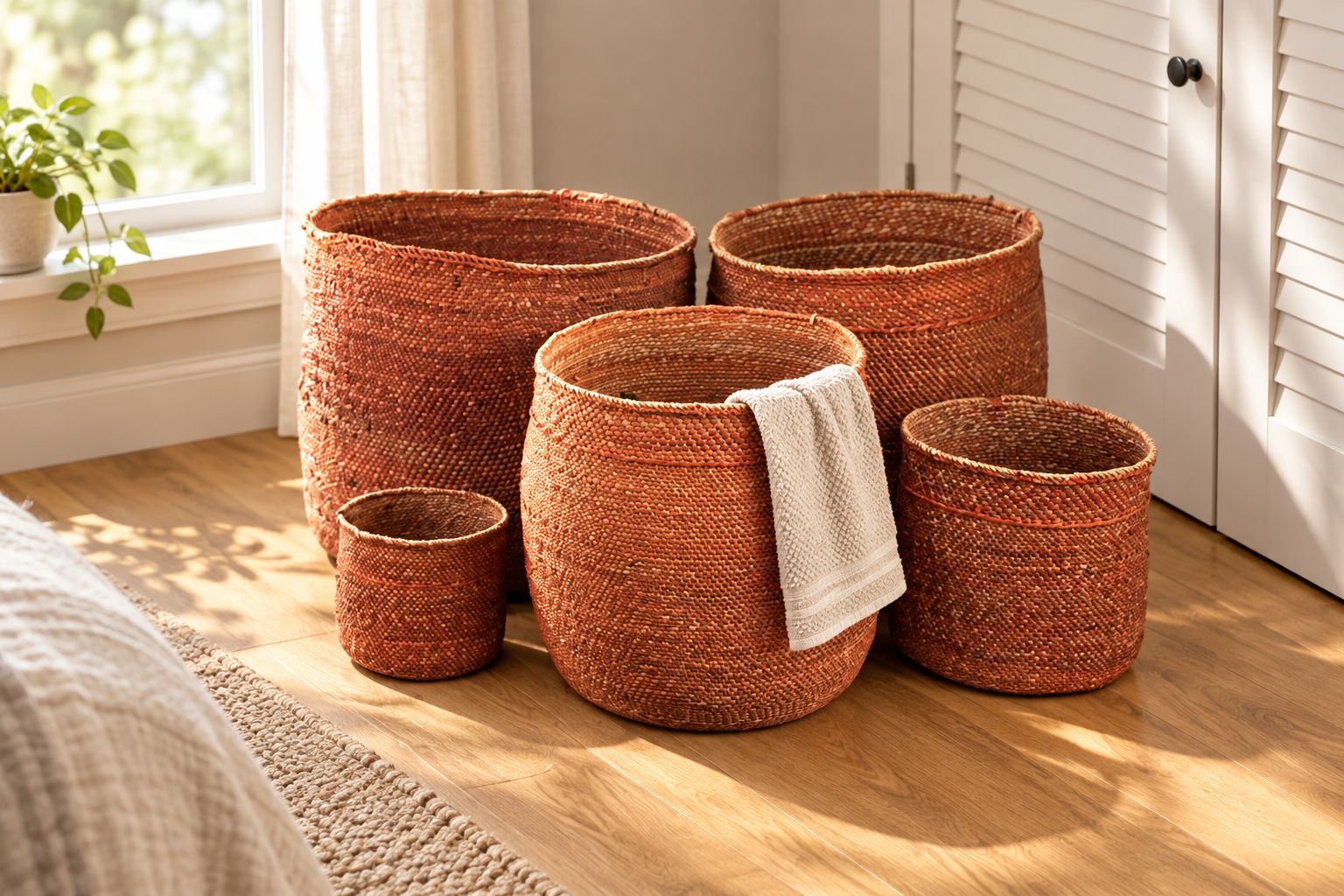 Auburn Iringa Basket used as an open laundry catch-all beside a closet