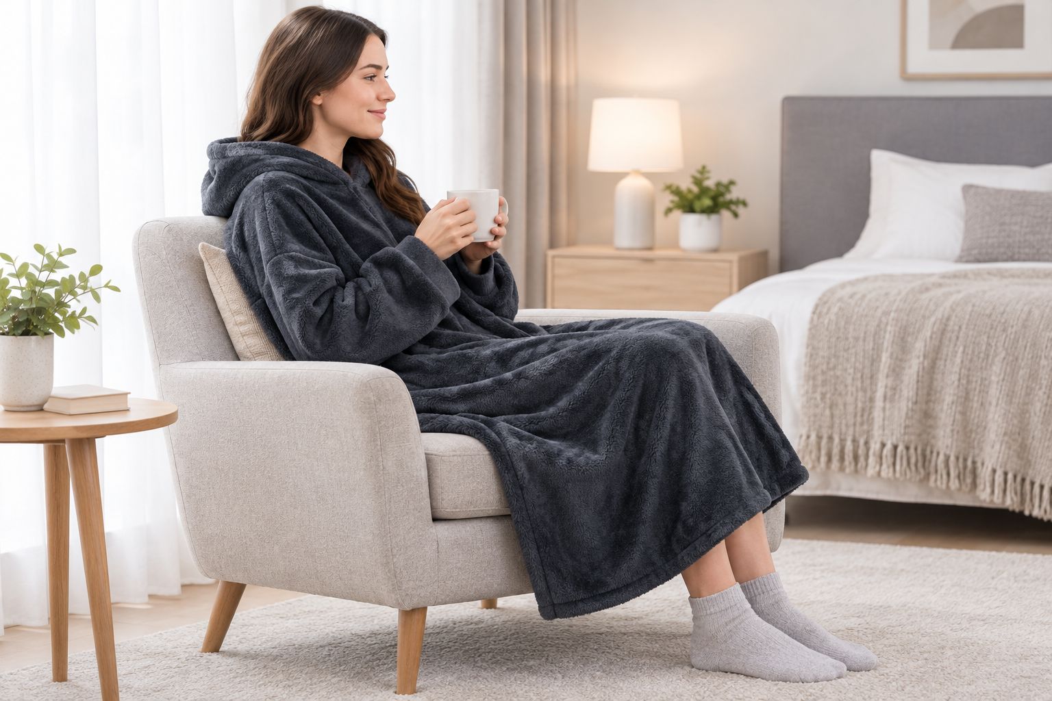 Seated fit check showing lap coverage, visible hands, and fabric clear of the feet