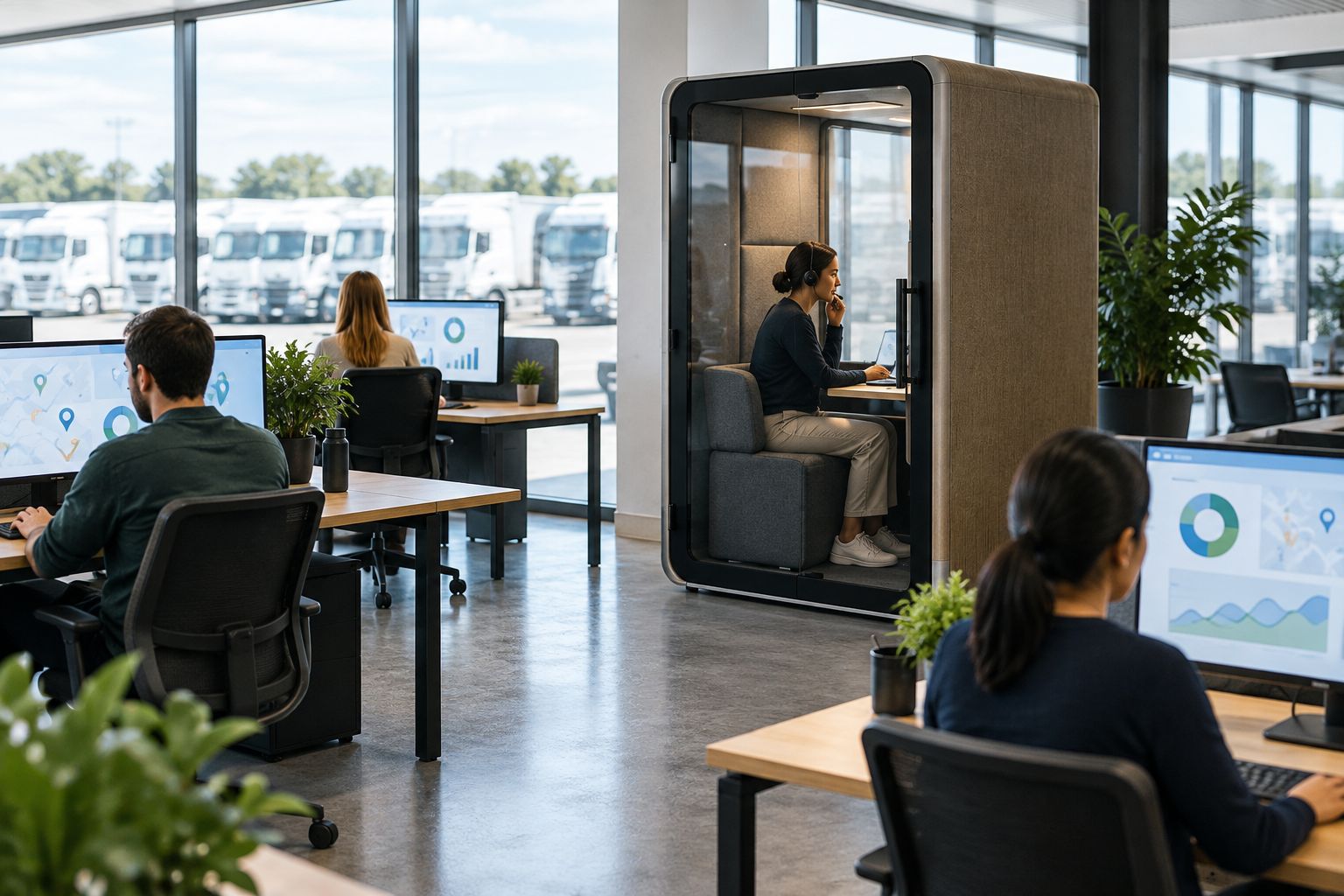An individual using an enclosed phone booth beside shared administration desks