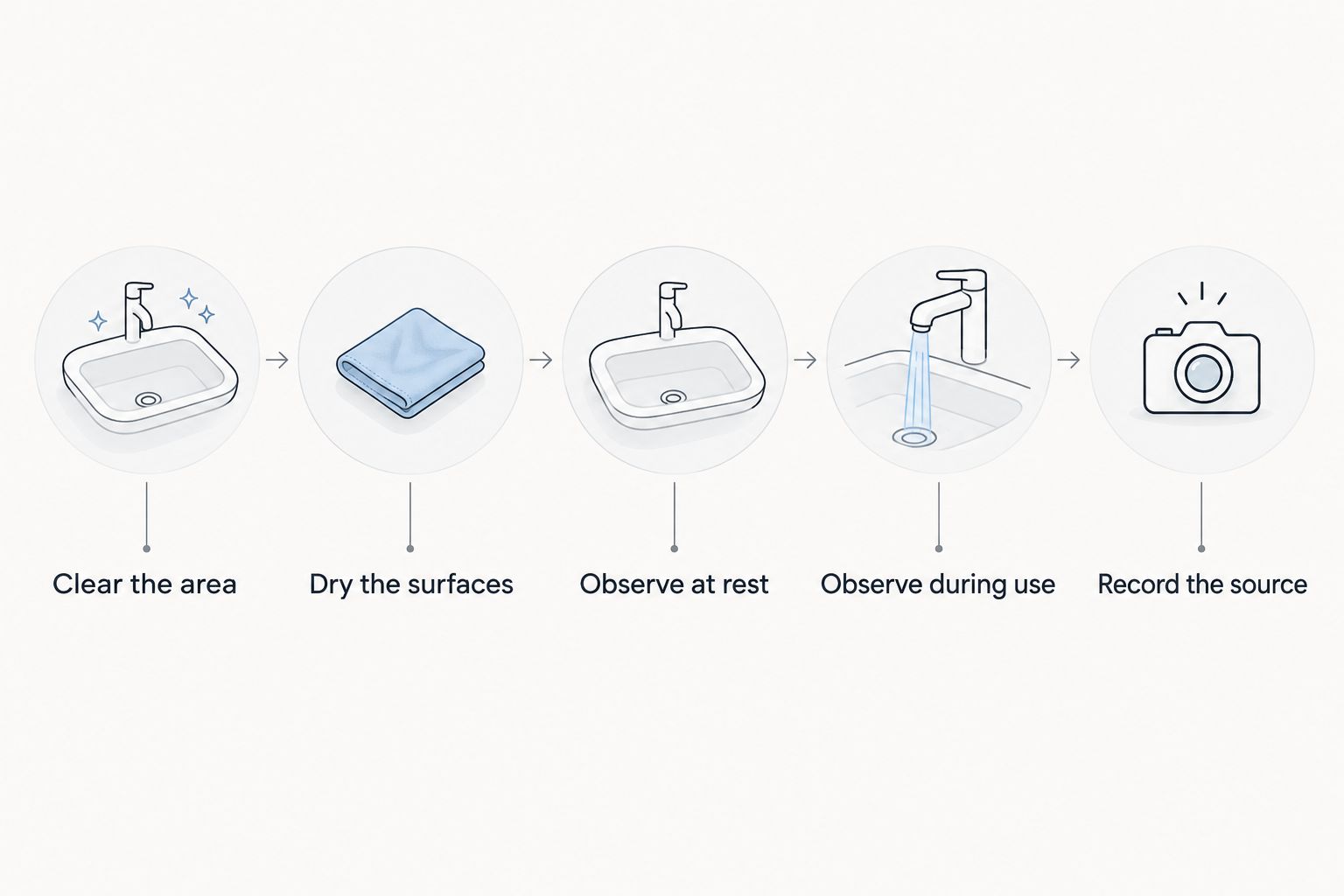 Five steps for observing and documenting a faucet-base leak without dismantling the fixture.