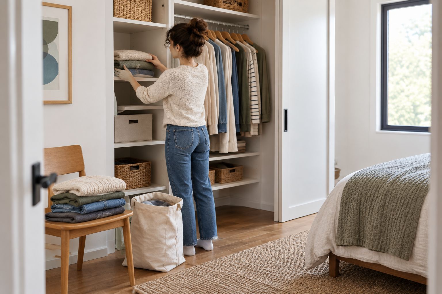 A closet section being organized while the bed and bedroom walkway stay clear.