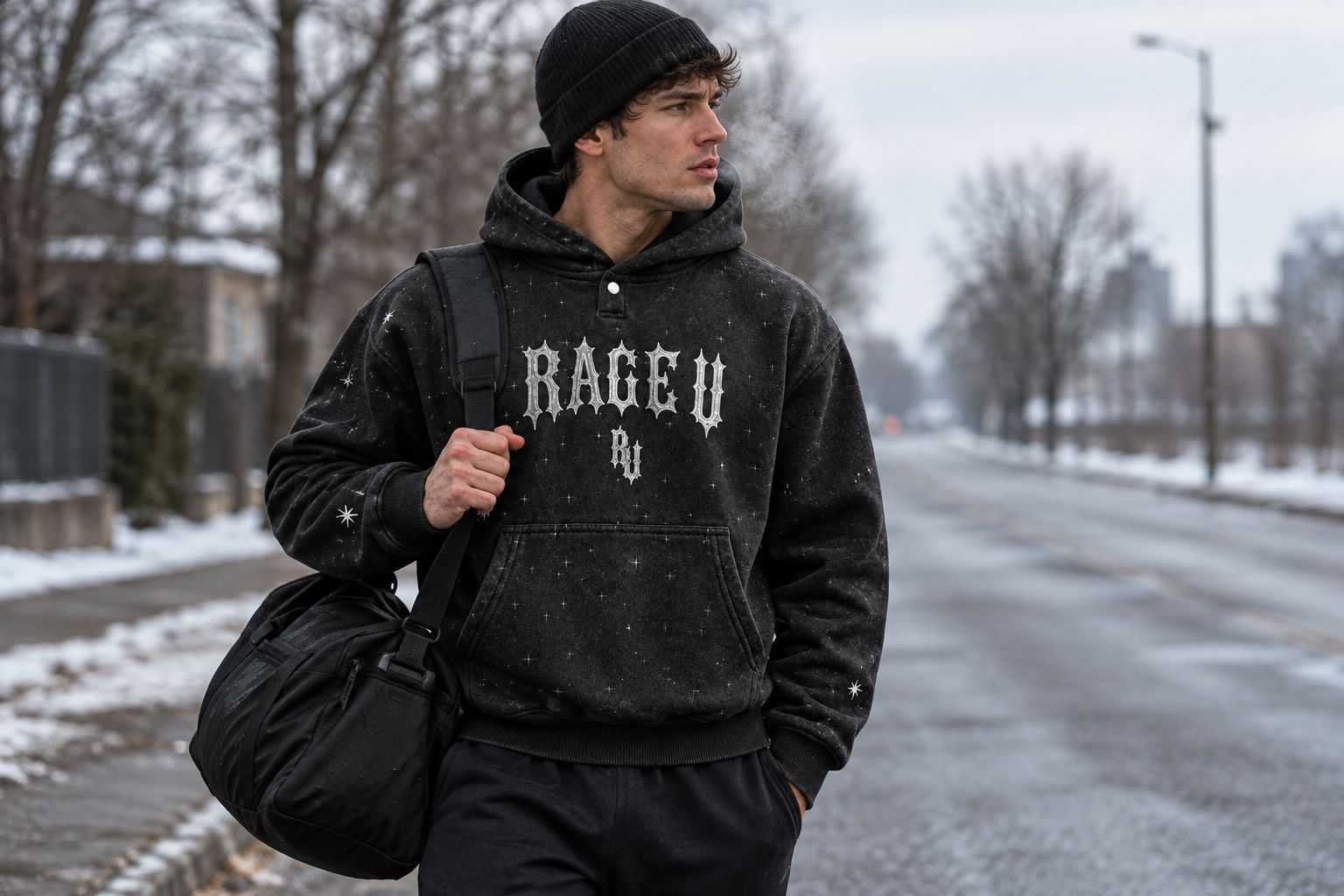 Athlete wearing the StarFall Hoodie outdoors on a cold training morning