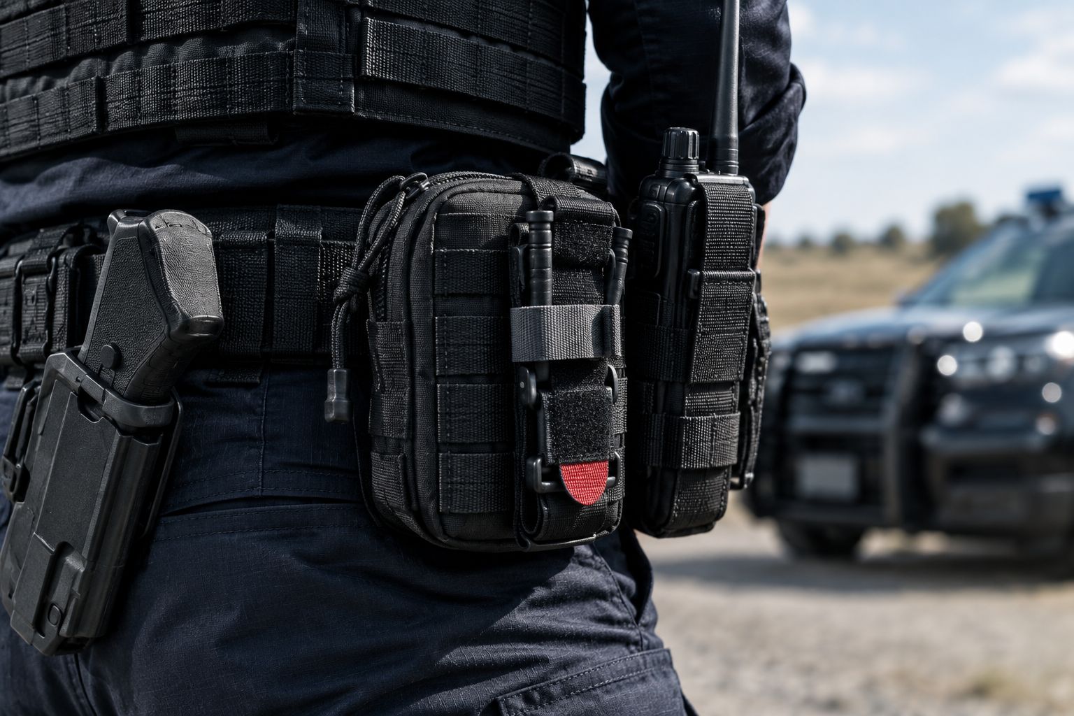 Compact trauma pouch mounted on a police duty belt