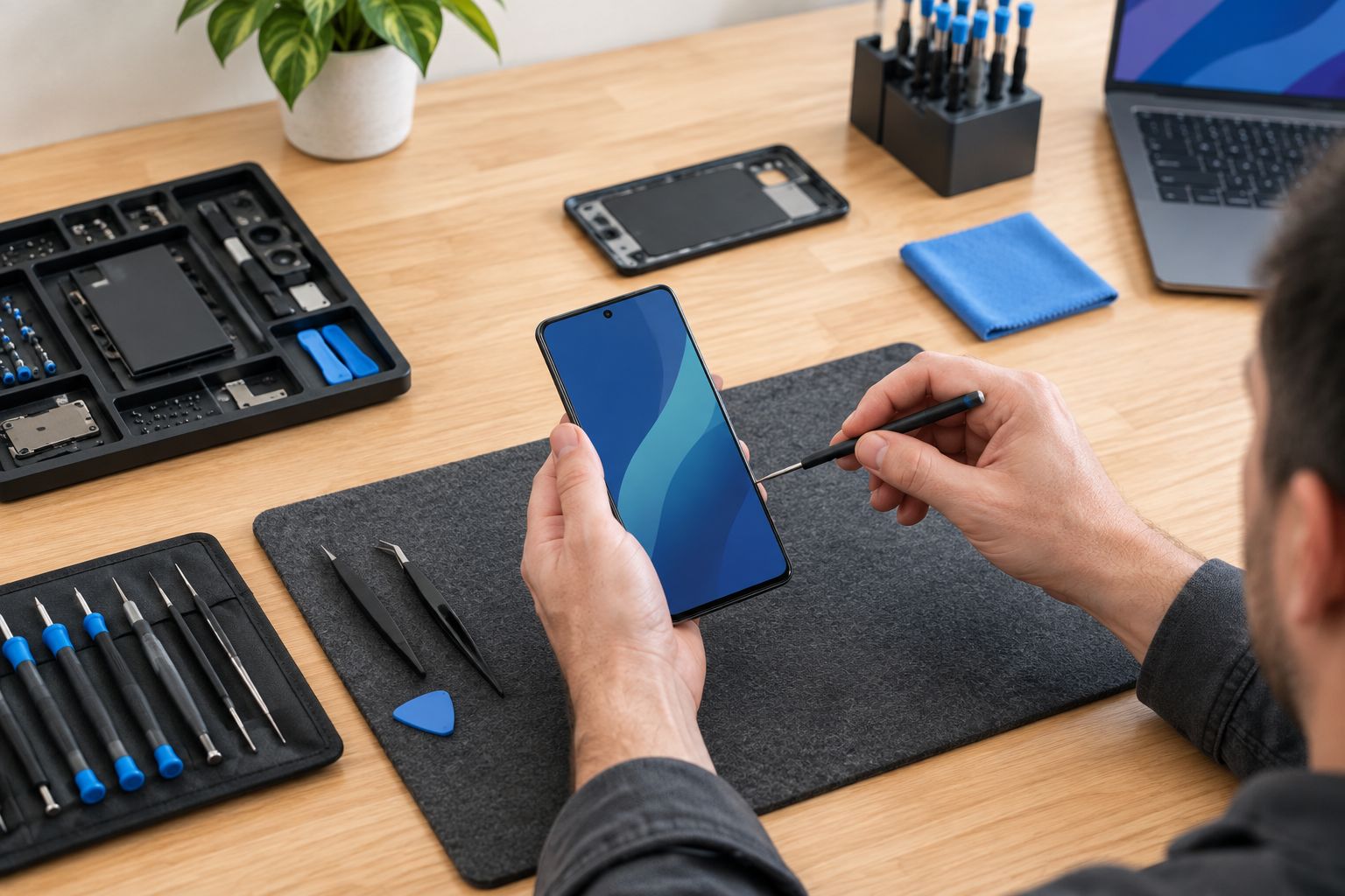 Smartphone being inspected on an organized repair bench