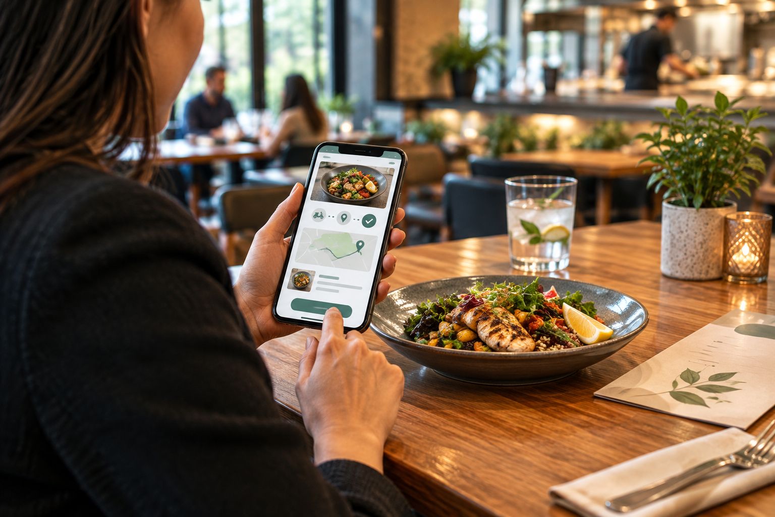 Diner ordering food from a restaurant website on a smartphone at a table