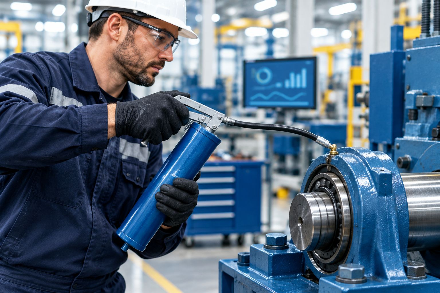 Technician applying grease to an industrial bearing through a grease fitting