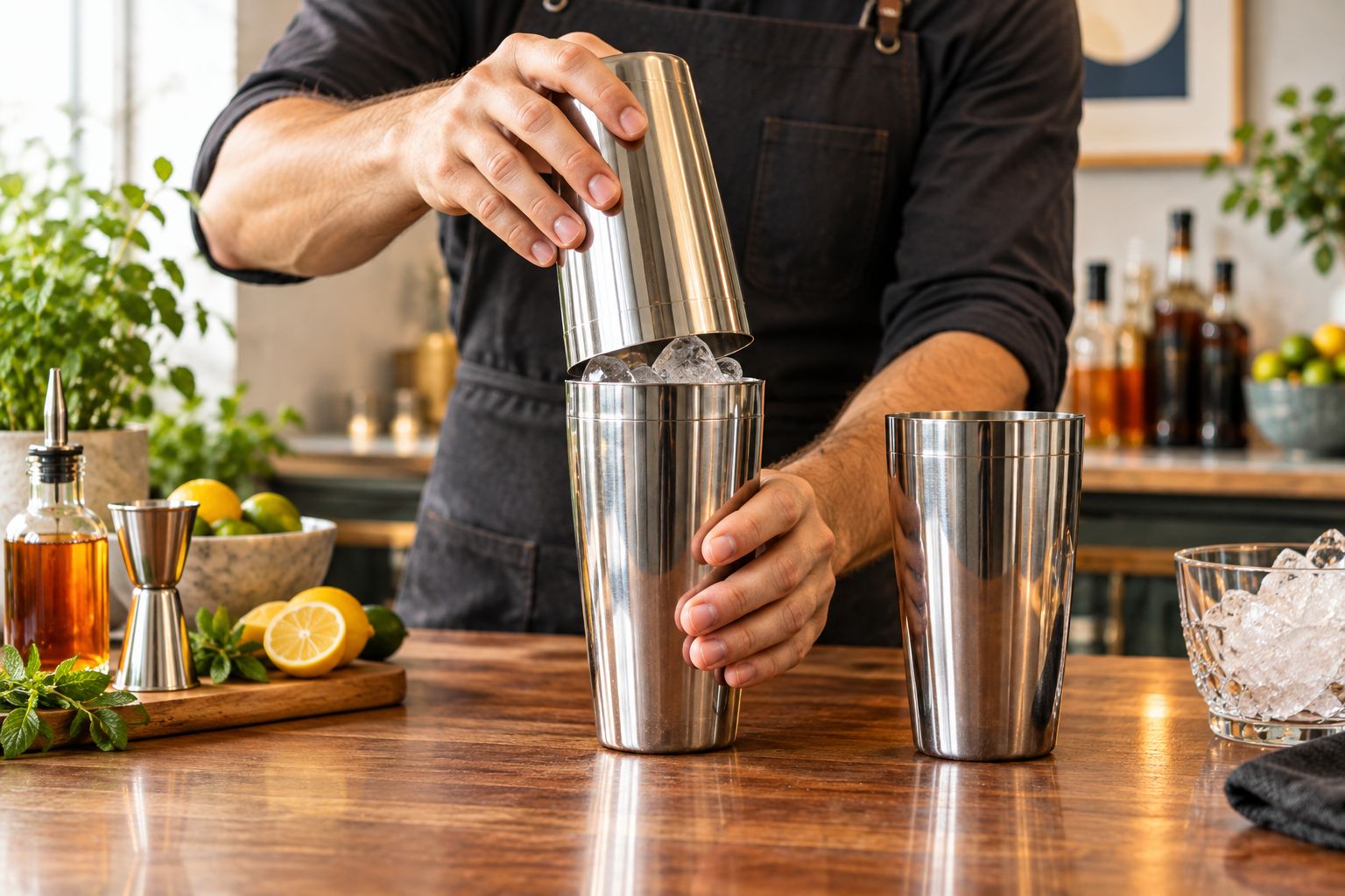 Hands sealing a two-piece Boston cocktail shaker tin