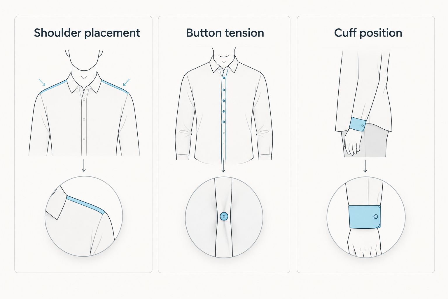 Three shirt fit checks showing shoulder placement, button tension and cuff position