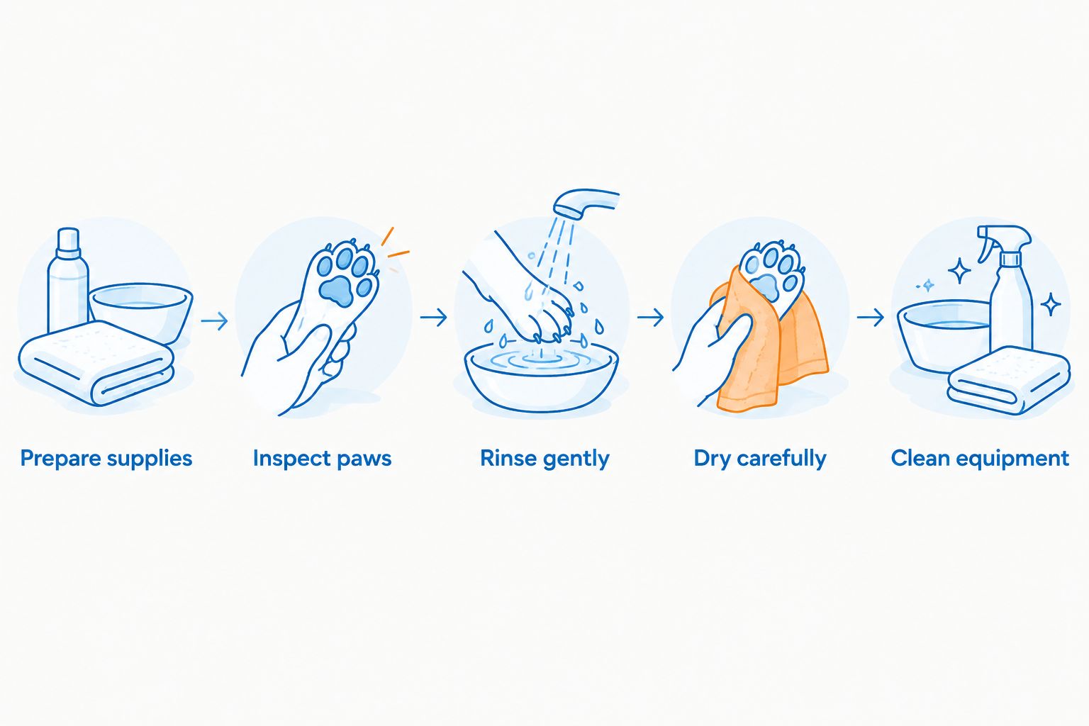 Five steps for preparing supplies, inspecting, rinsing and drying paws, then cleaning equipment.