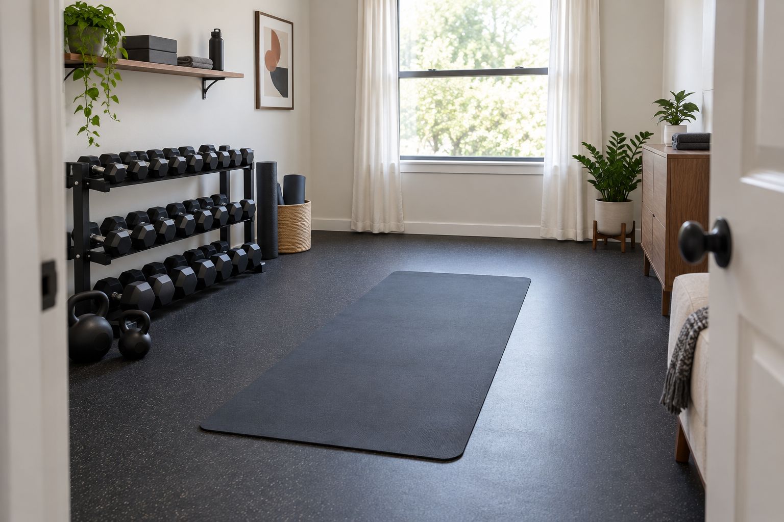 Spare-room workout area with stored weights and clear floor space around an exercise mat